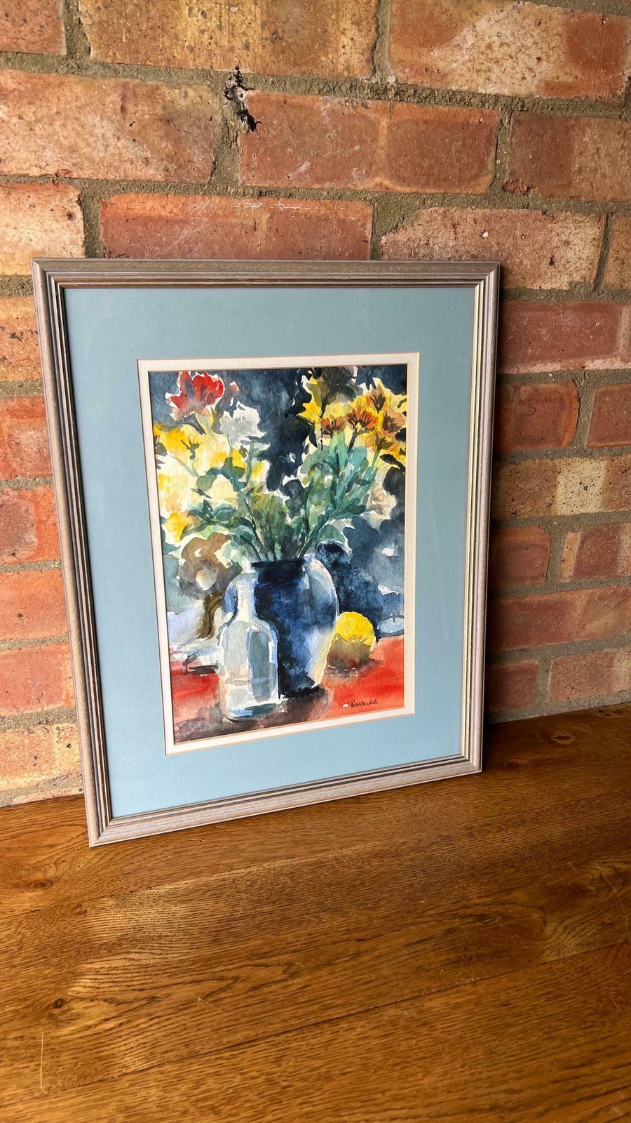 Original Mid Century Watercolour Still Life Floral Painting   The Blue Vase photo furniture