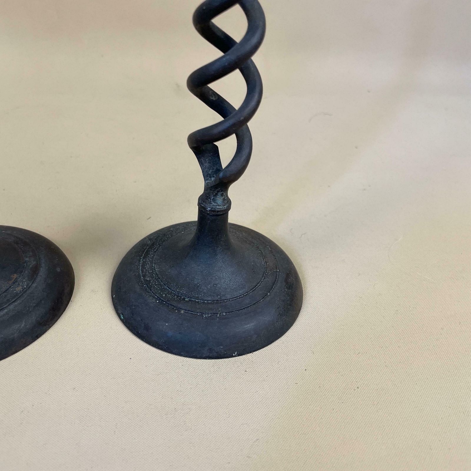 Antique Matching Pair Of Black Metal Candlestick Candle Stick Vintage Column Taper Dinner Candlesticks Twisted Twist Round Base Rustic photo for sale