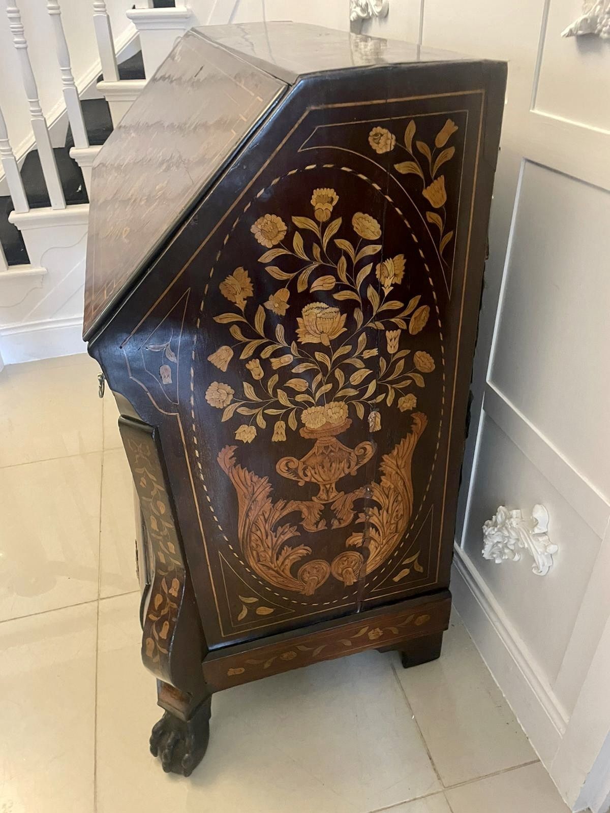Antique 18th Century Quality Mahogany Floral Marquetry Inlaid Bombe Shaped Bureau photo 5850.0