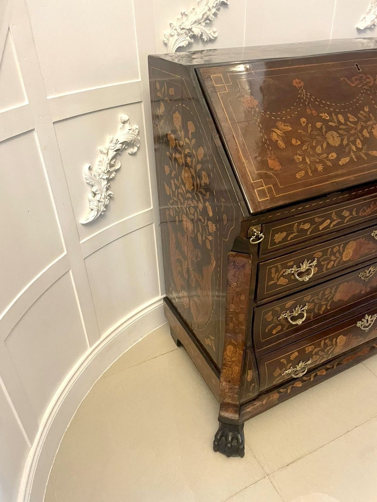 photo for sale Antique 18th Century Quality Mahogany Floral Marquetry Inlaid Bombe Shaped Bureau
