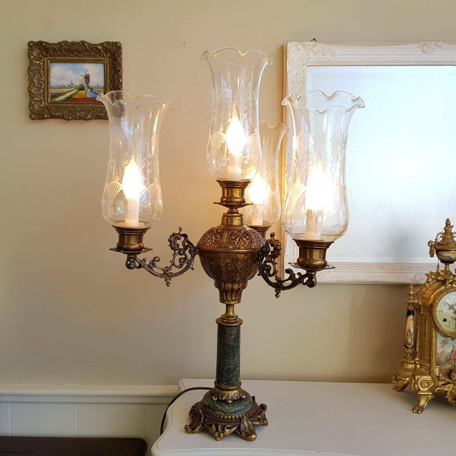 Tafellamp | Massief Brons En Groen Marmer | Hoge Lamp Met Corinthische Zuil