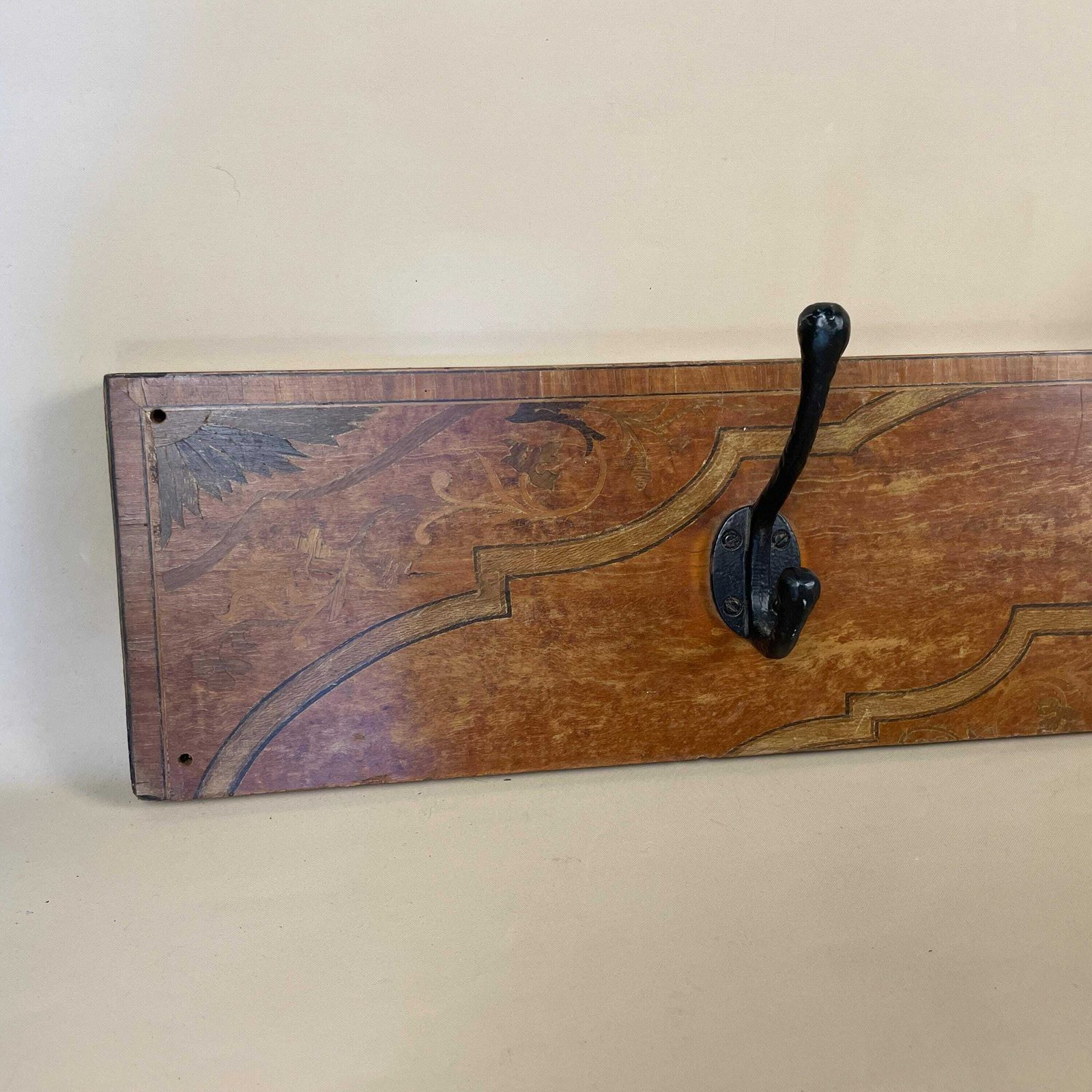 Antique Vintage Wooden Wall Coat Room Hanger Rack Hook Farmhouse Brown 3 Hooks Rail Cottage Mud Room Hallway Storage Wood Marquetry Handmade photo Furniture