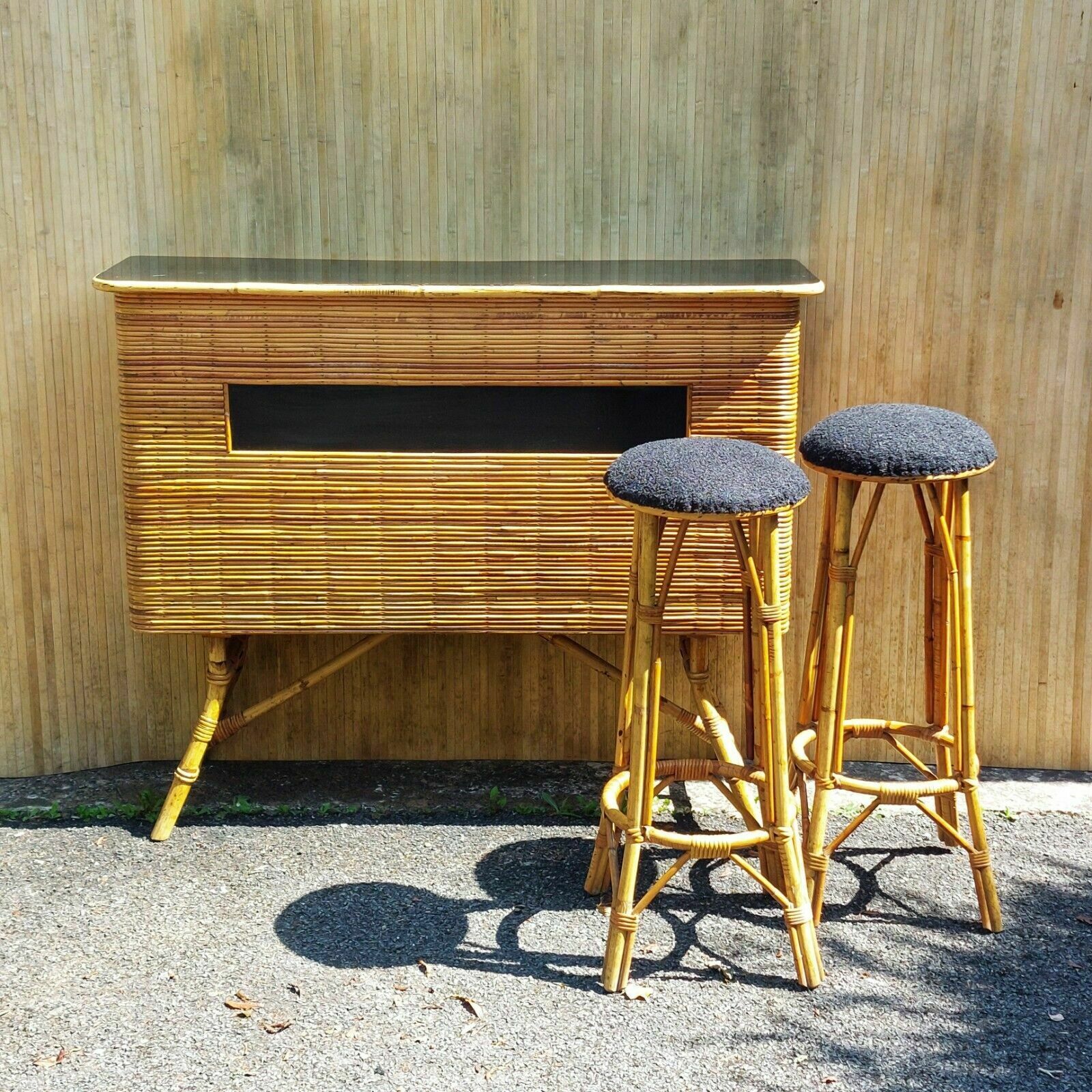 Fab Retro Vintage Bamboo Tiki Italian ? Cocktail Bar Home Bar W/ Matching Stools