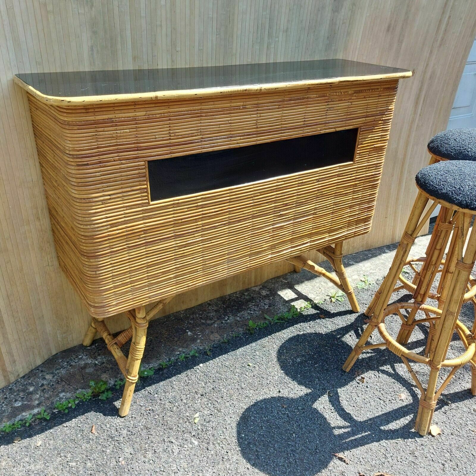 Fab Retro Vintage Bamboo Tiki Italian ? Cocktail Bar Home Bar W/ Matching Stools photo Furniture