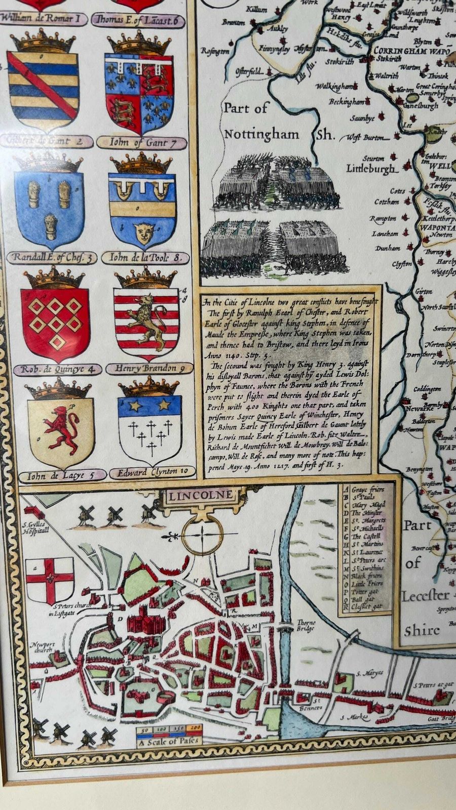 17th Century Lincolnshire   “The Countie And Citie Of Lyncolne” Map   1900’s Hand Coloured Reproduction photo 79.0