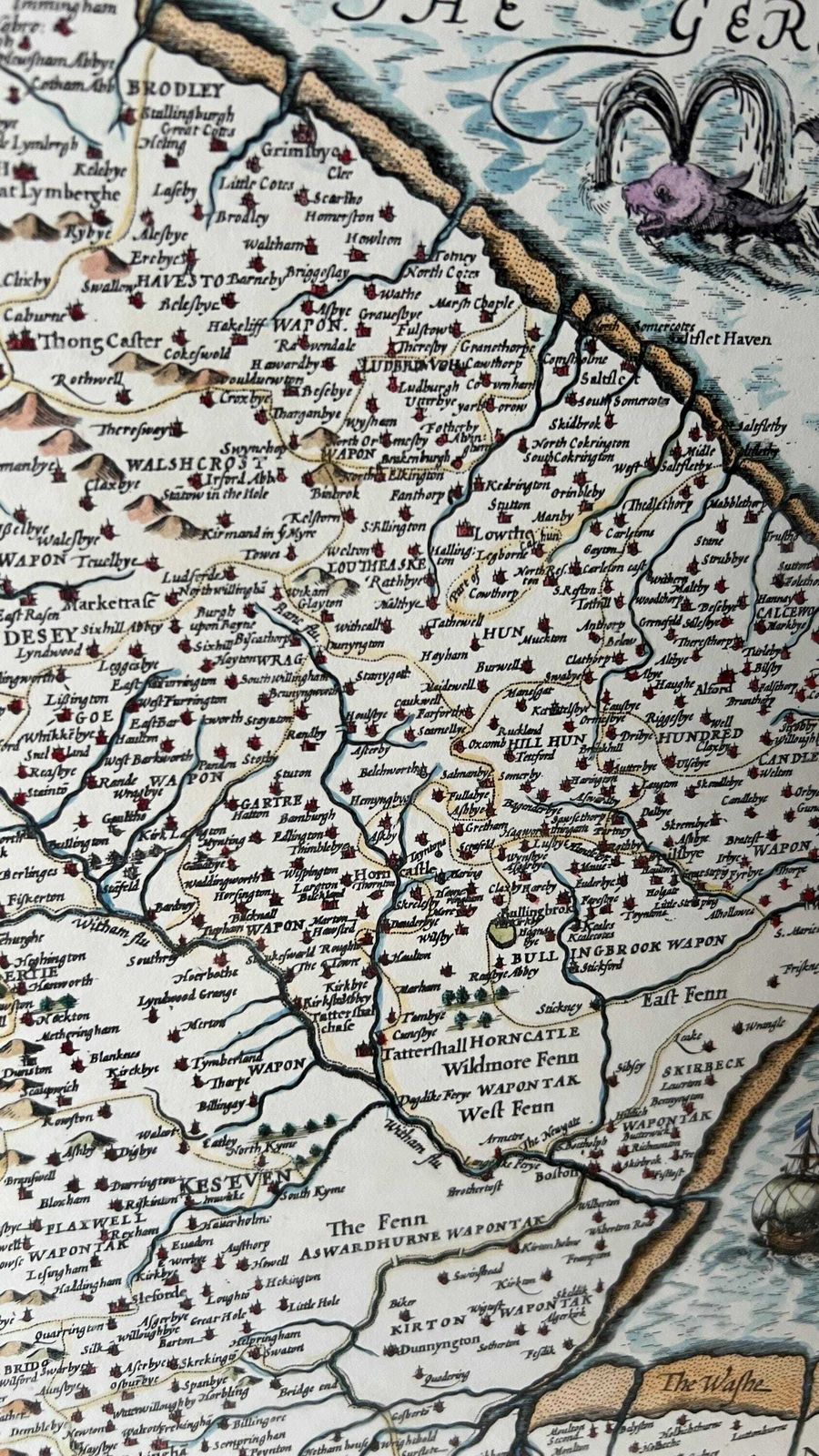 photo furniture 17th Century Lincolnshire   “The Countie And Citie Of Lyncolne” Map   1900’s Hand Coloured Reproduction