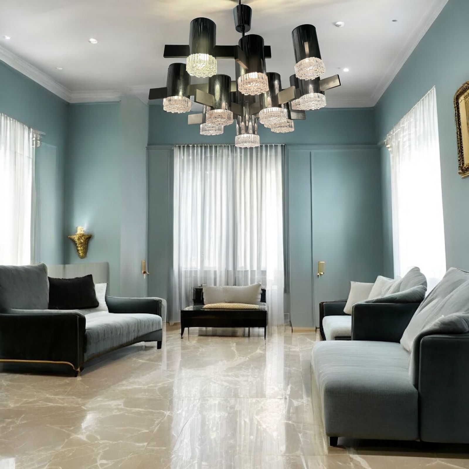 Large Italian Midcentury Chrome Crystal Chandelier 15 Lights photo for sale