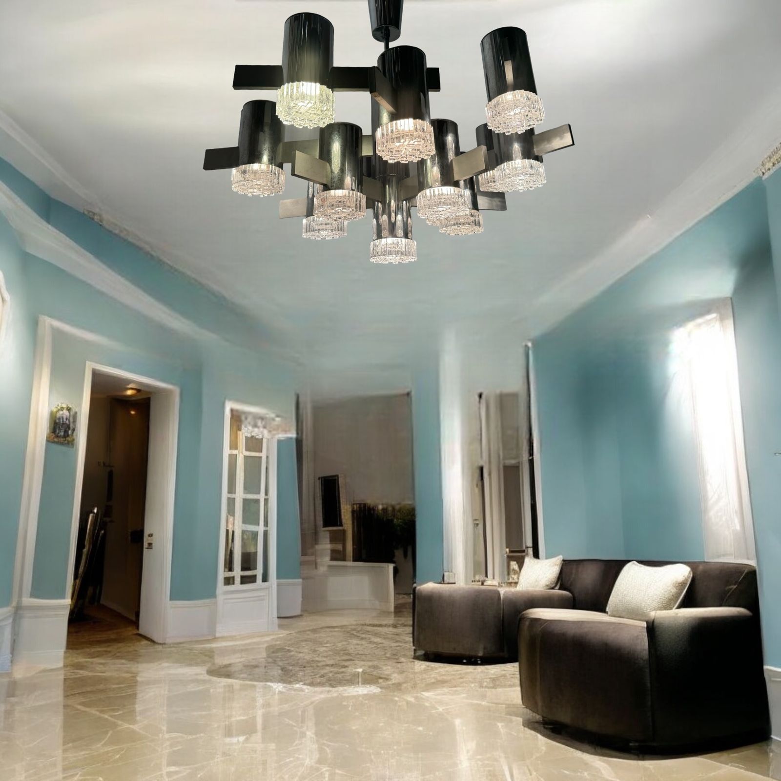 Large Italian Midcentury Chrome Crystal Chandelier 15 Lights photo Lighting