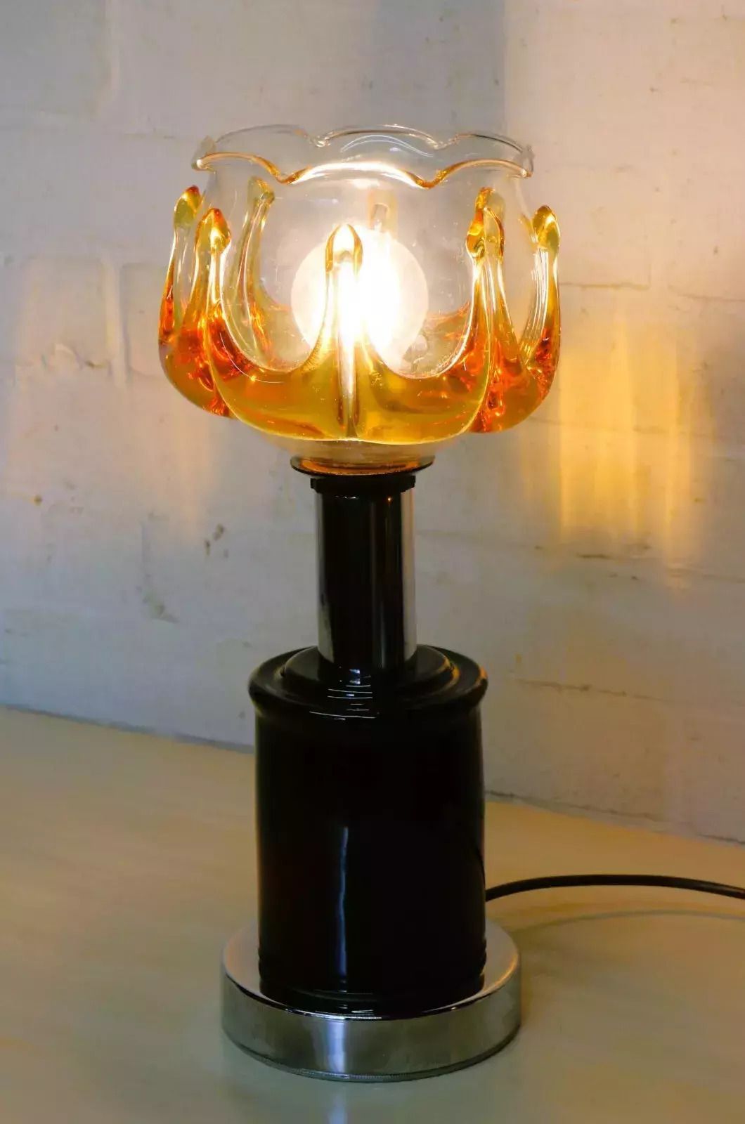 Vintage Table Lamp Italian Retro Lamp & Glass Lampshade 1970's Mid Century Mod. photo for sale