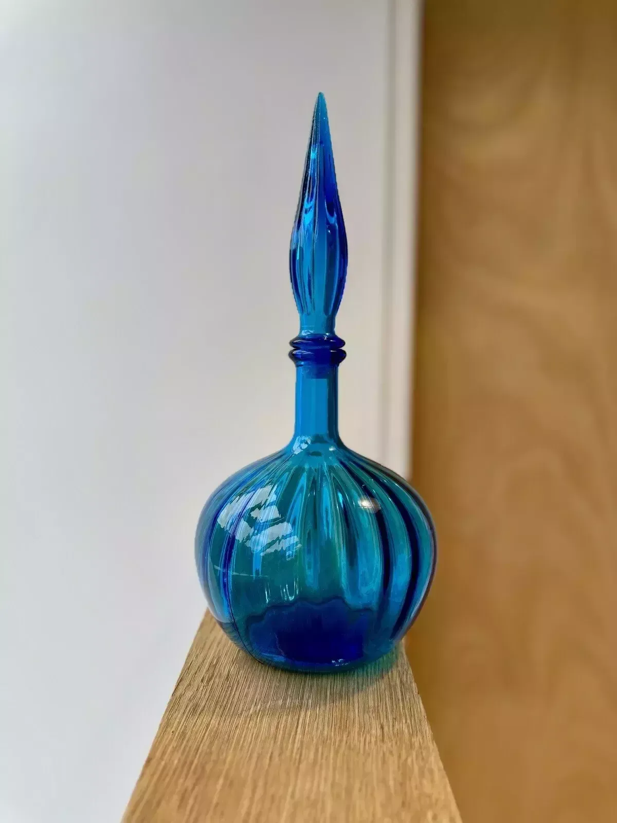 Stunning 1960’s Blue Empoli Glass Onion Shaped Genie Bottle Made In Italy photo for sale