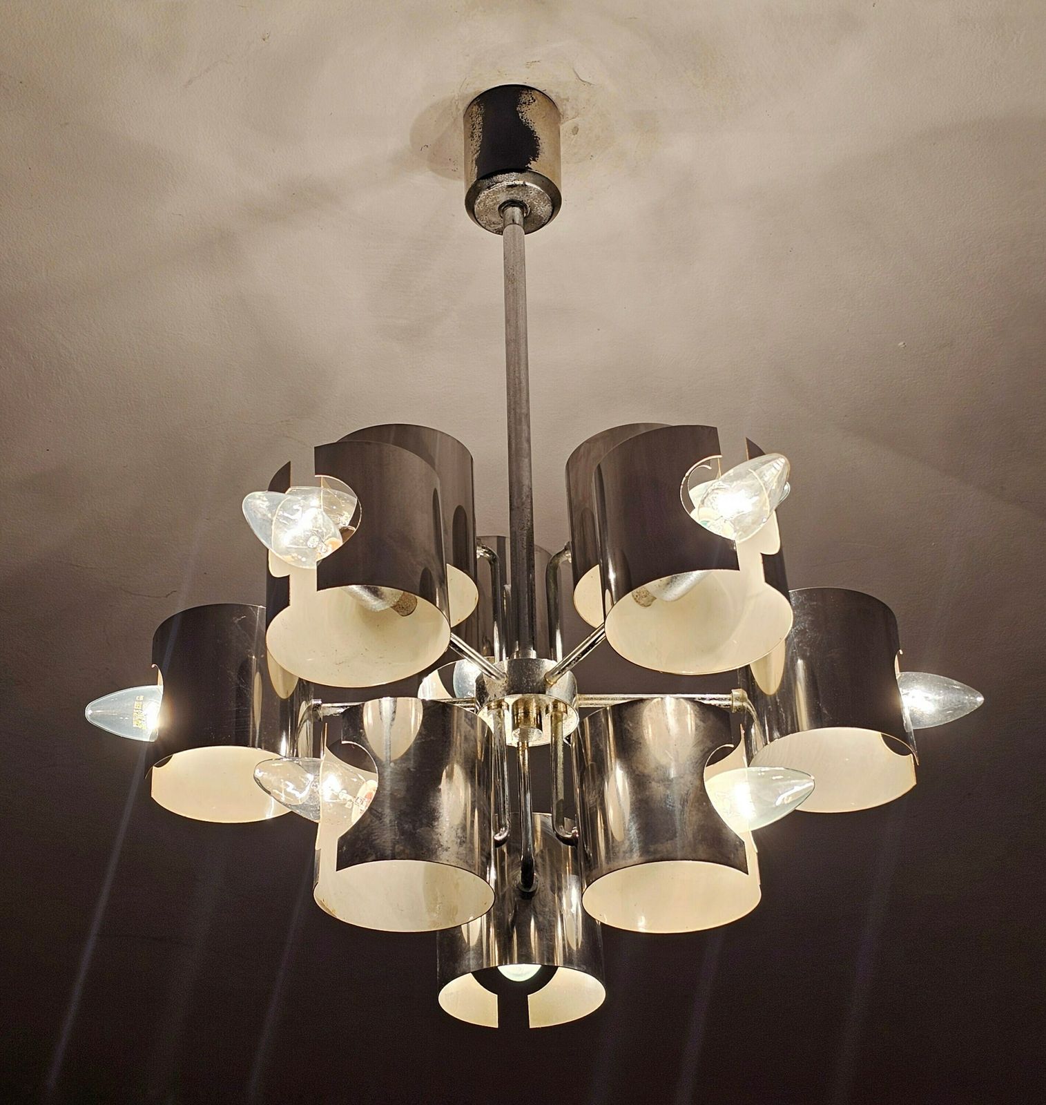 Minimalist Space Age 12 Arm Cubic Chandelier By Gaetano Sciolari Shaped As An Atom // Made In Italy In 1970s photo buy