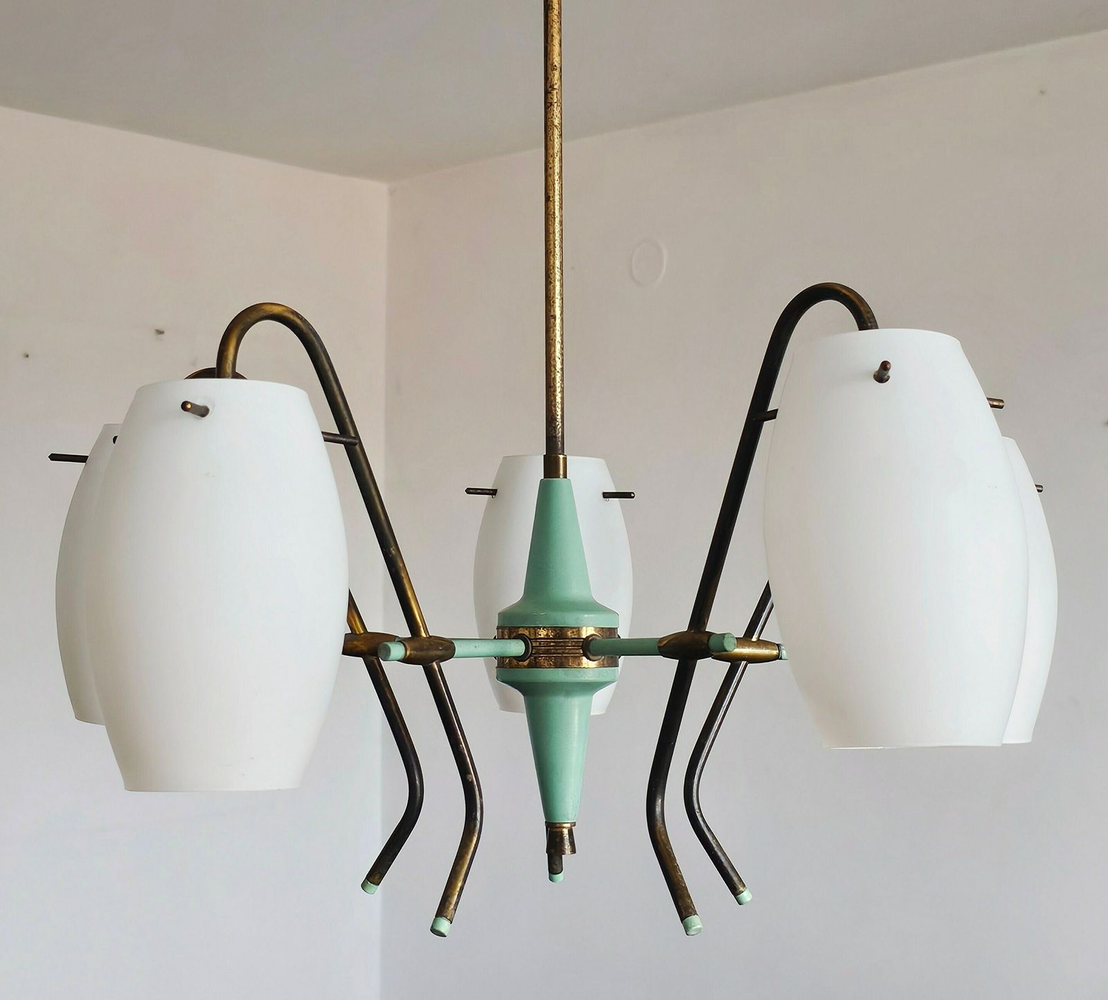 Very Rare 5 Arm Chandelier By Stilux Milano With Opaline Glass Shades // Made In Italy In 1950s photo Lighting