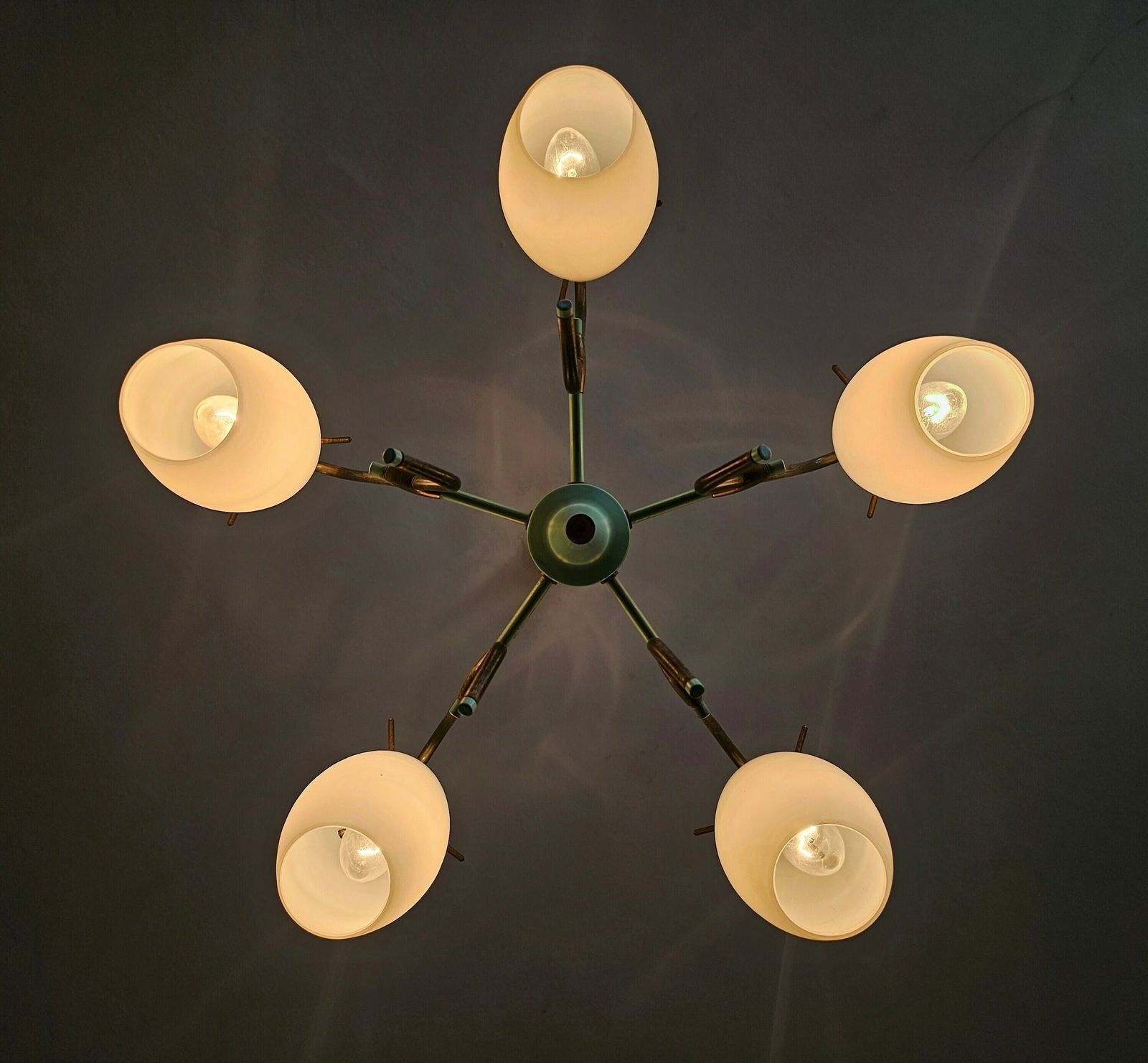 Very Rare 5 Arm Chandelier By Stilux Milano With Opaline Glass Shades // Made In Italy In 1950s photo buy