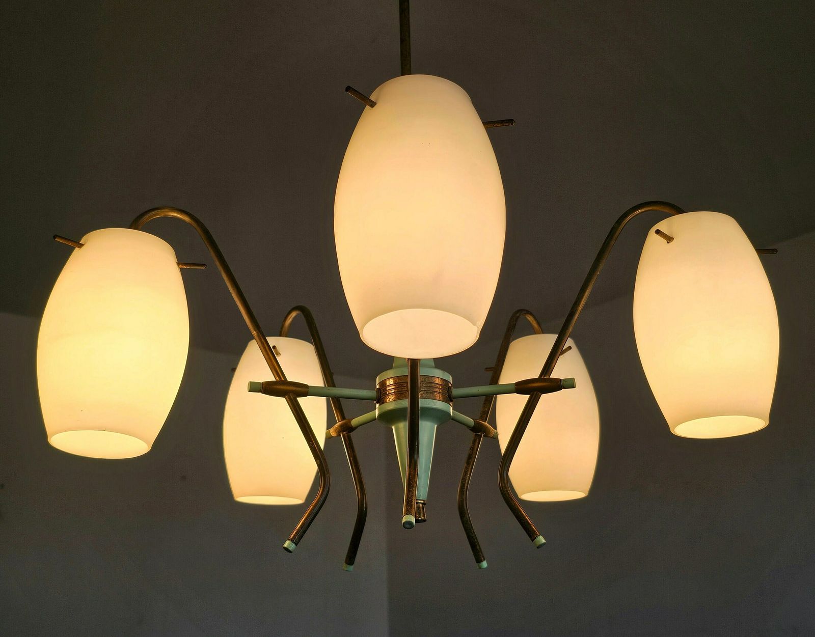 Very Rare 5 Arm Chandelier By Stilux Milano With Opaline Glass Shades // Made In Italy In 1950s photo vintage