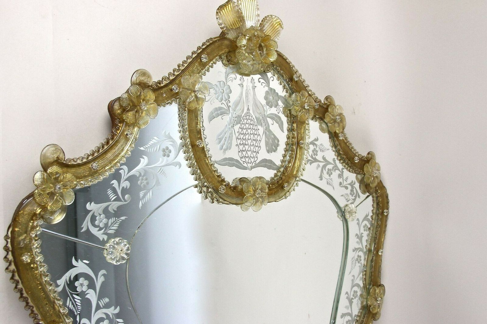 Mid Century Murano Glass Wall Mirror With Gilt Glass Flowers, It Ca. 1950 photo for sale