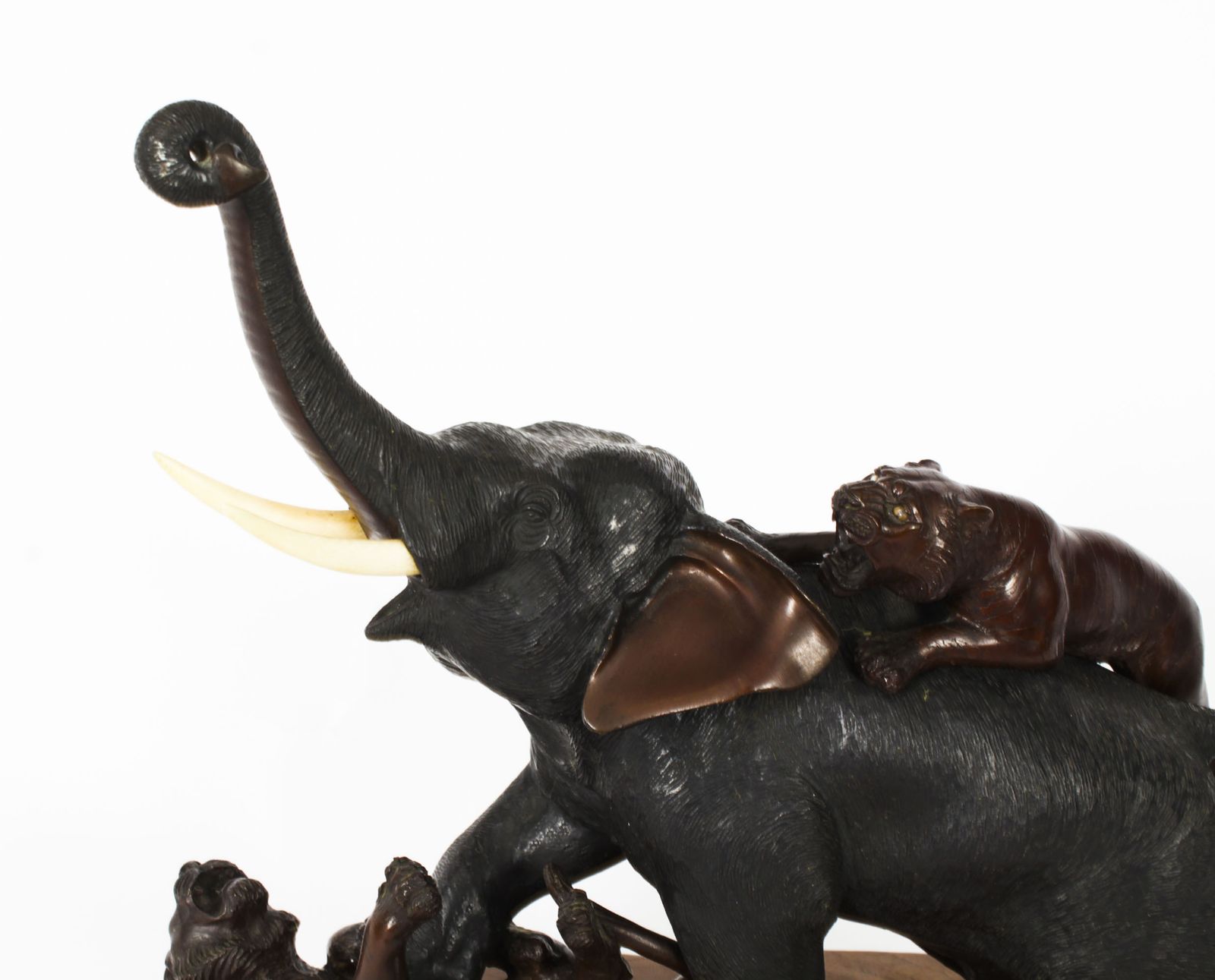 Antique Large Japanese Bronze Elephant & Tigers  Meiji Period  19th C photo Home Decor