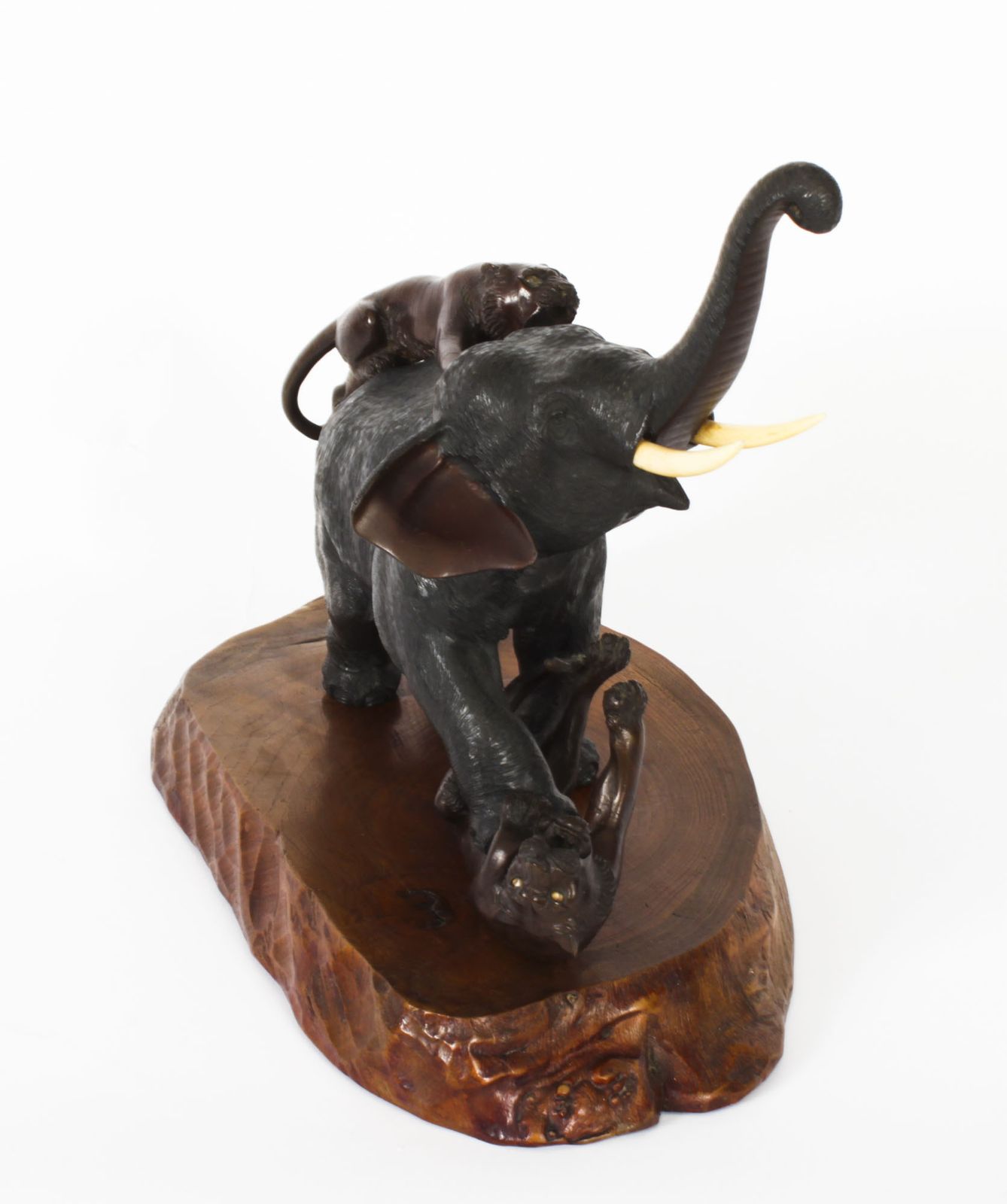 photo furniture Antique Large Japanese Bronze Elephant & Tigers  Meiji Period  19th C
