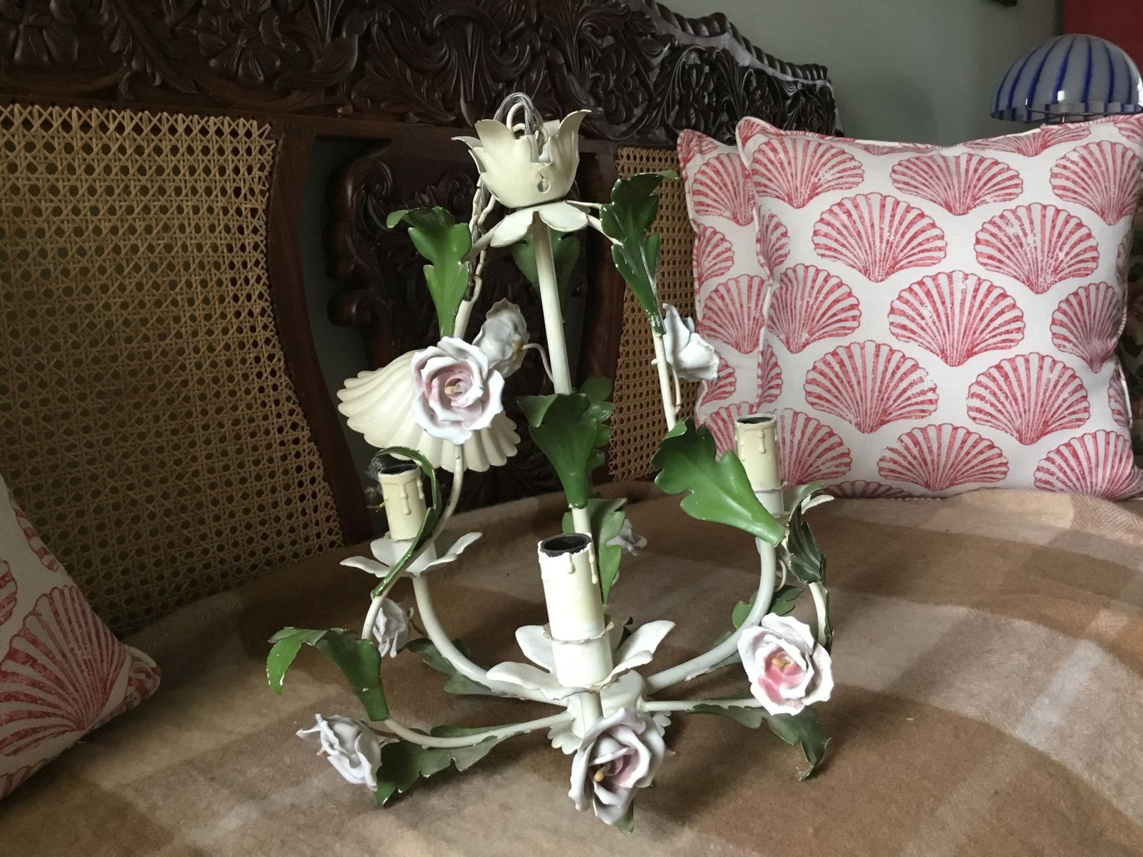 Italian Tole Peinte Chandelier With Porcelain Roses photo furniture
