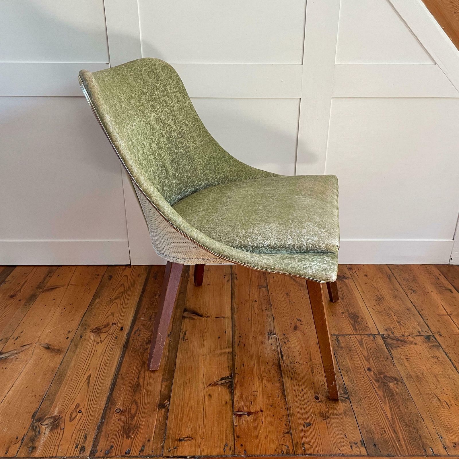 Antique Vintage Retro Wicker Back Chair Seat Wooden Wood Pattern Green Armchair Seat Wood Boho Dark Brown Dinning Room Accent Mid Century photo for sale