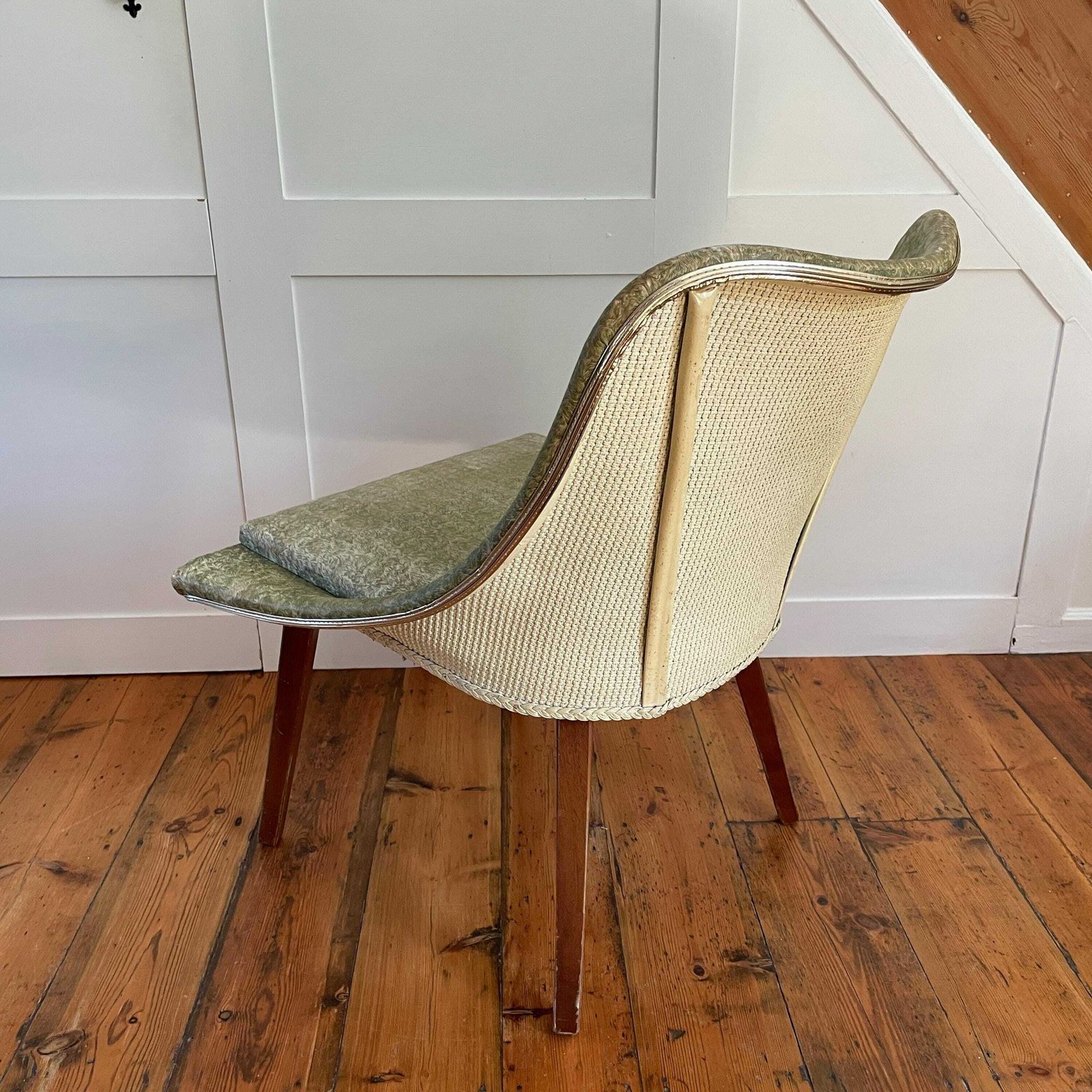 Antique Vintage Retro Wicker Back Chair Seat Wooden Wood Pattern Green Armchair Seat Wood Boho Dark Brown Dinning Room Accent Mid Century photo Furniture