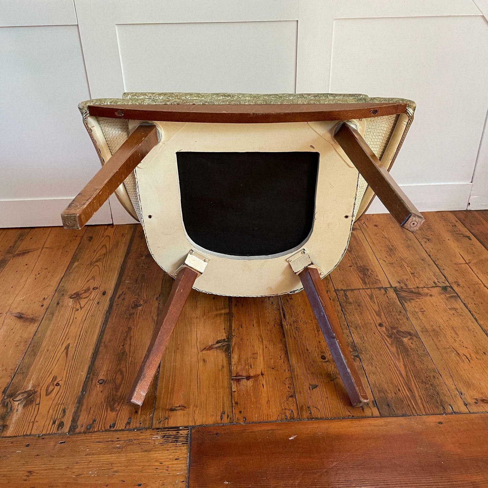 photo for sale Antique Vintage Retro Wicker Back Chair Seat Wooden Wood Pattern Green Armchair Seat Wood Boho Dark Brown Dinning Room Accent Mid Century