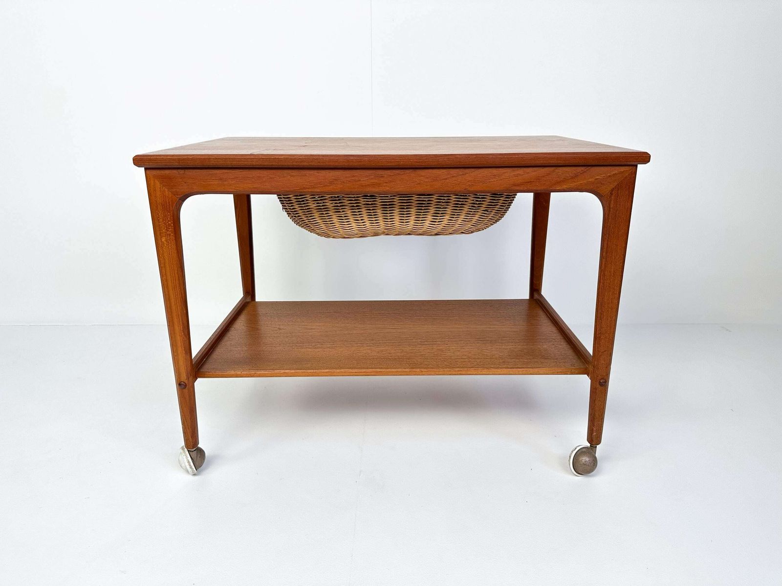 Mid Century Teak Sewing Table Or Bar Cart With Slide Out Basket