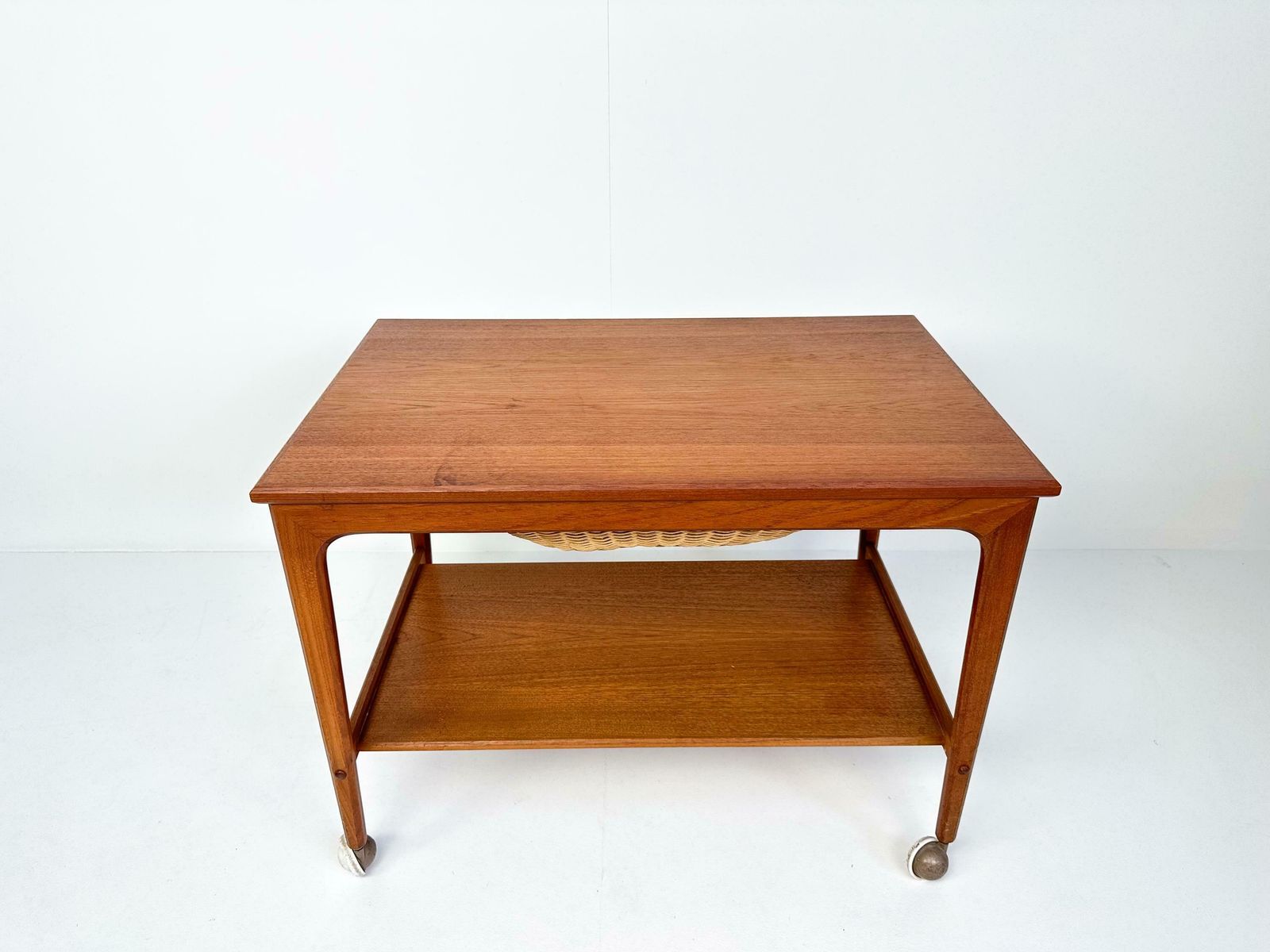 Mid Century Teak Sewing Table Or Bar Cart With Slide Out Basket photo for sale
