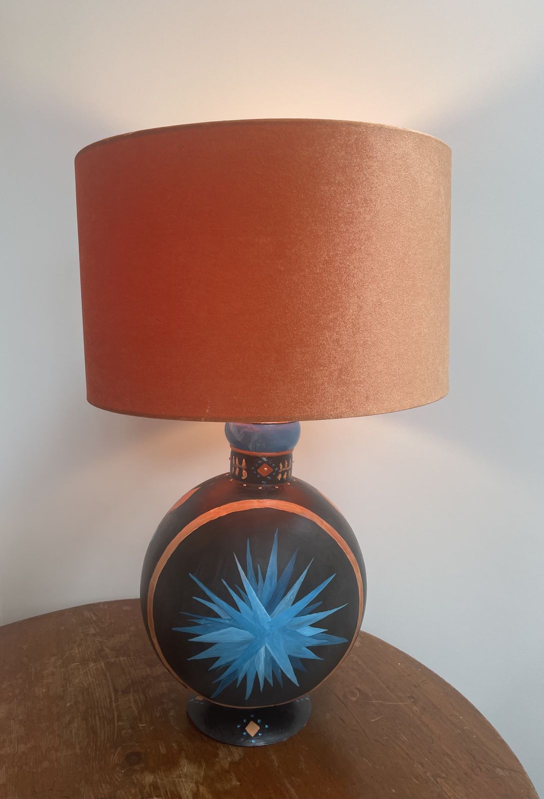 Hand Painted Metal Lamp By Elizabeth Van Amerongen, With Orange Shade