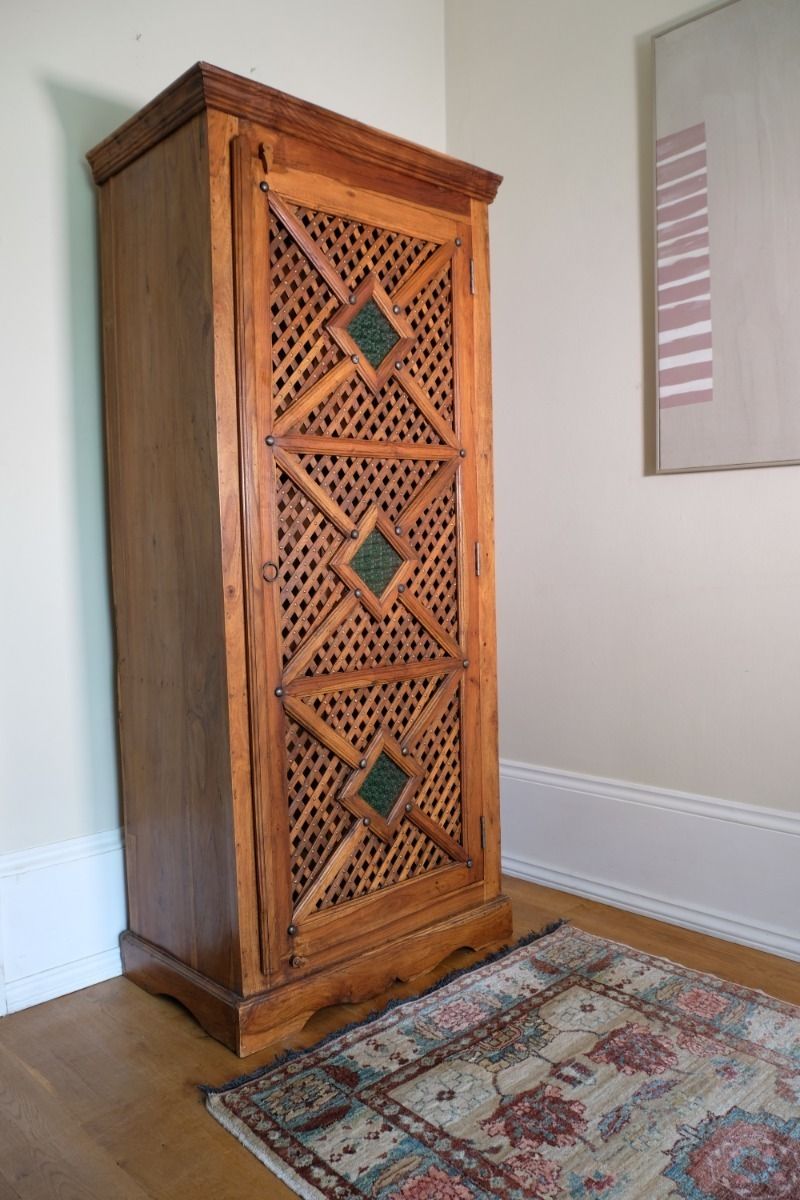 Linen Cupboard With Lattice Work & Green Glass