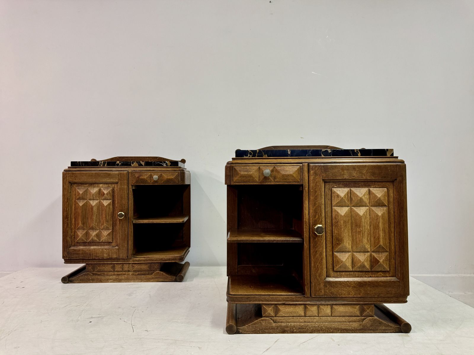 Pair Of French Oak Bedside Cabinets With Portoro Marble Tops photo for sale