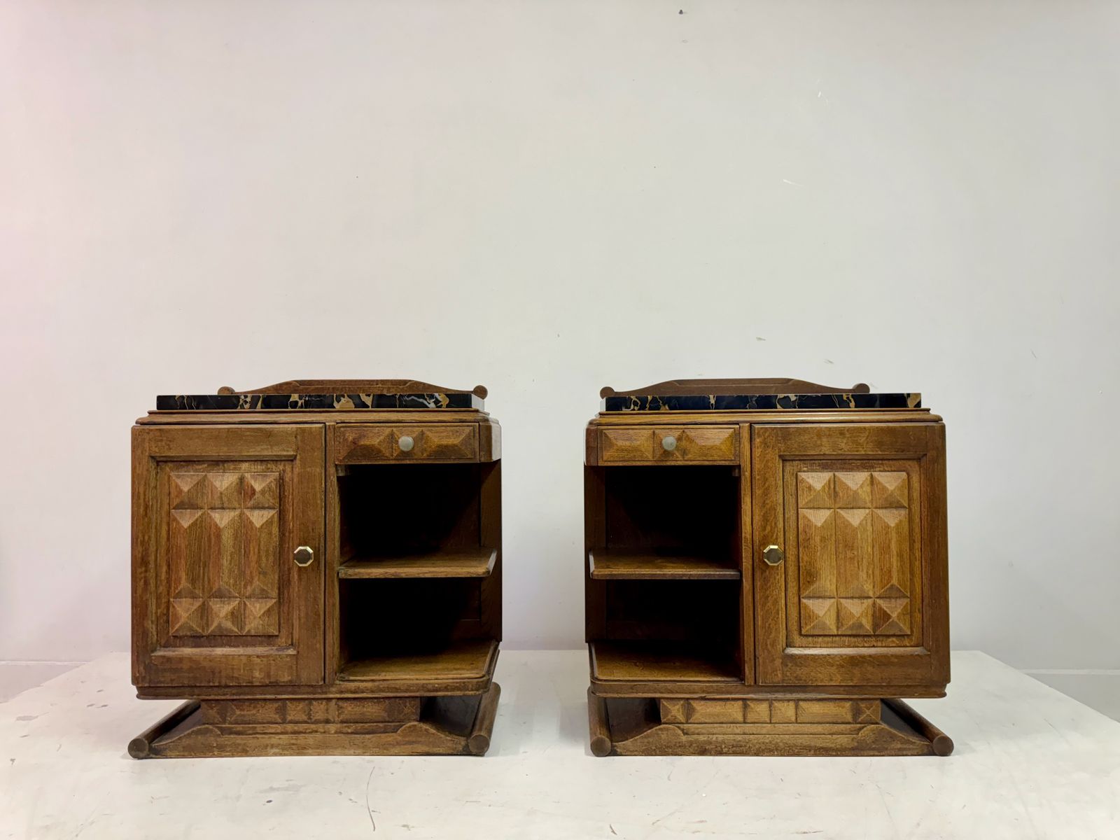Pair Of French Oak Bedside Cabinets With Portoro Marble Tops photo 2795.0