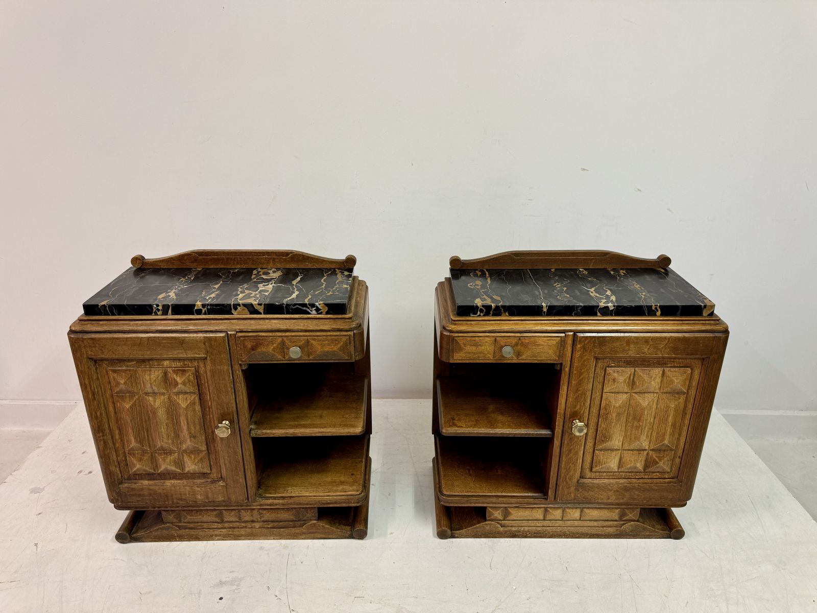 photo for sale Pair Of French Oak Bedside Cabinets With Portoro Marble Tops