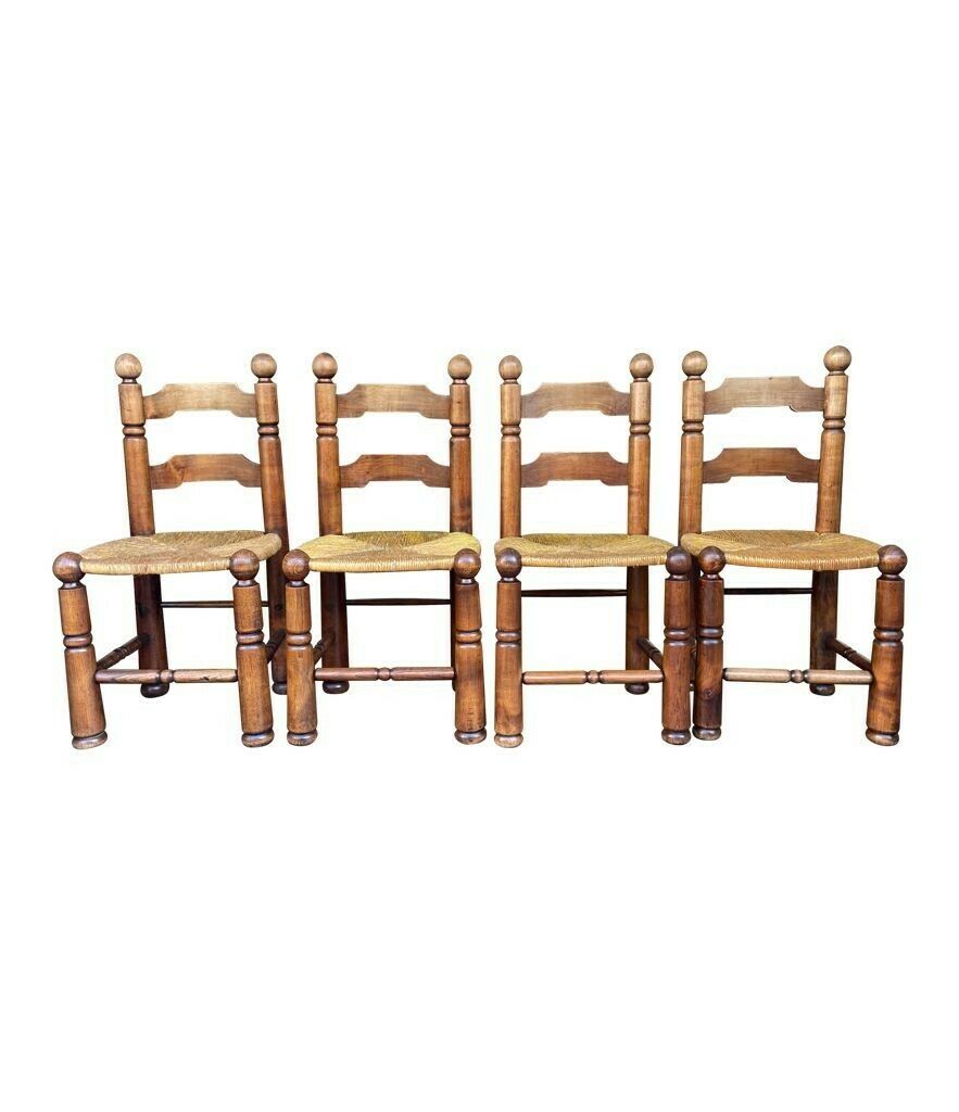 A Set Of Four 1940s Oak And Woven Rope Seat Chairs By Charles Dudouyt photo for sale