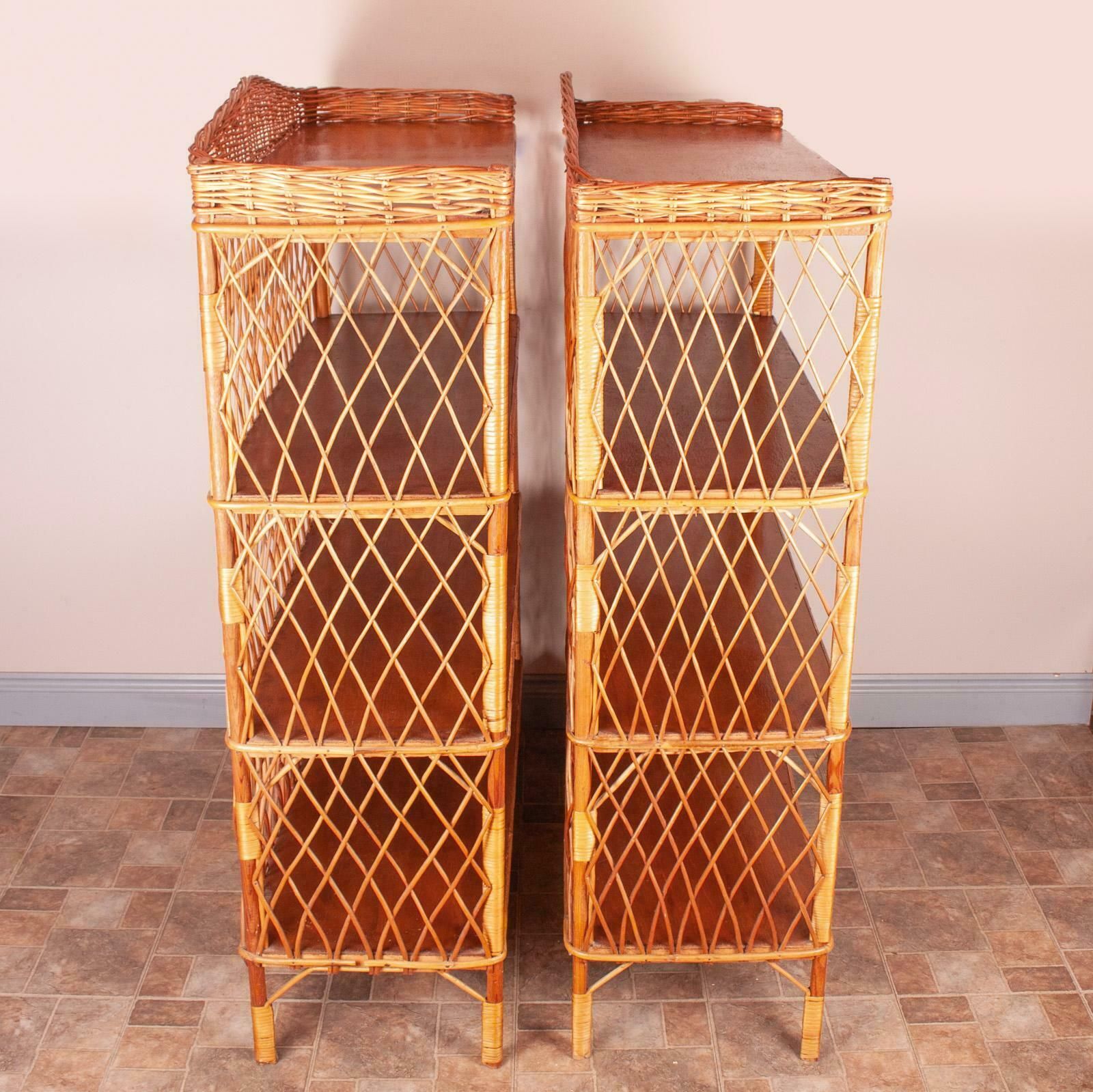 Stylish Pair Of Wicker Rattan Bookcase Shelving Units photo for sale
