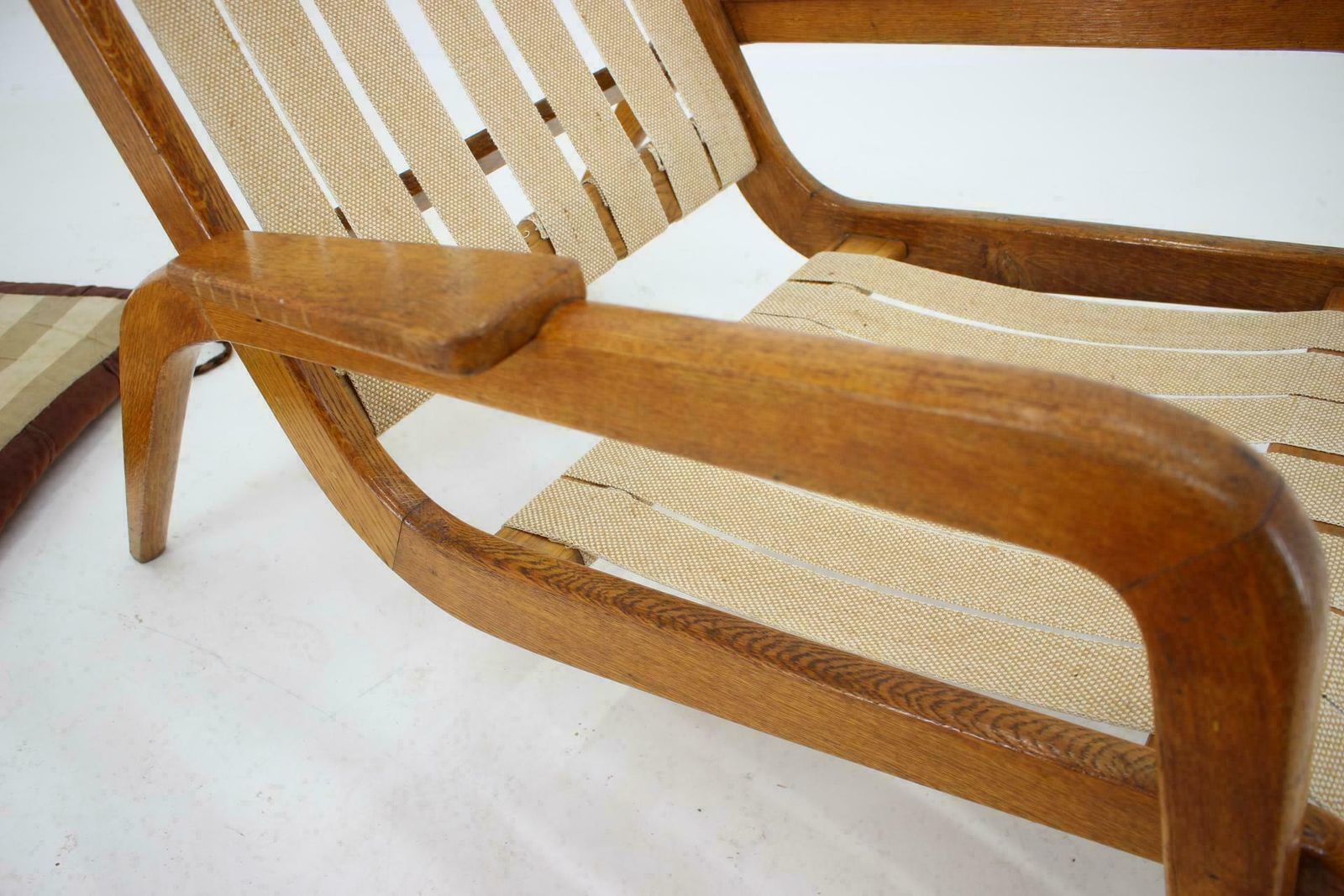 photo furniture 1960s Jan Vanek, Very Rare Relaxing Oak Armchair, Czechoslovakia