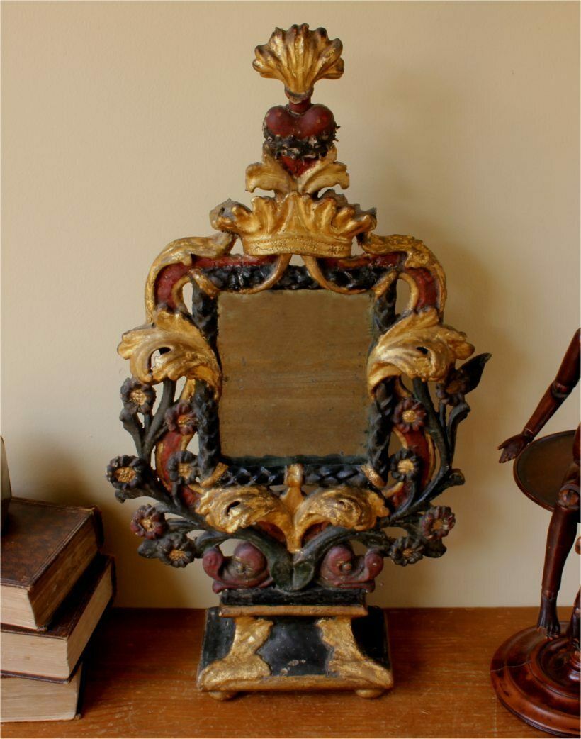 Italian Reliquary Mirror. Religious Sacred Flaming Heart Mirror. C1800.