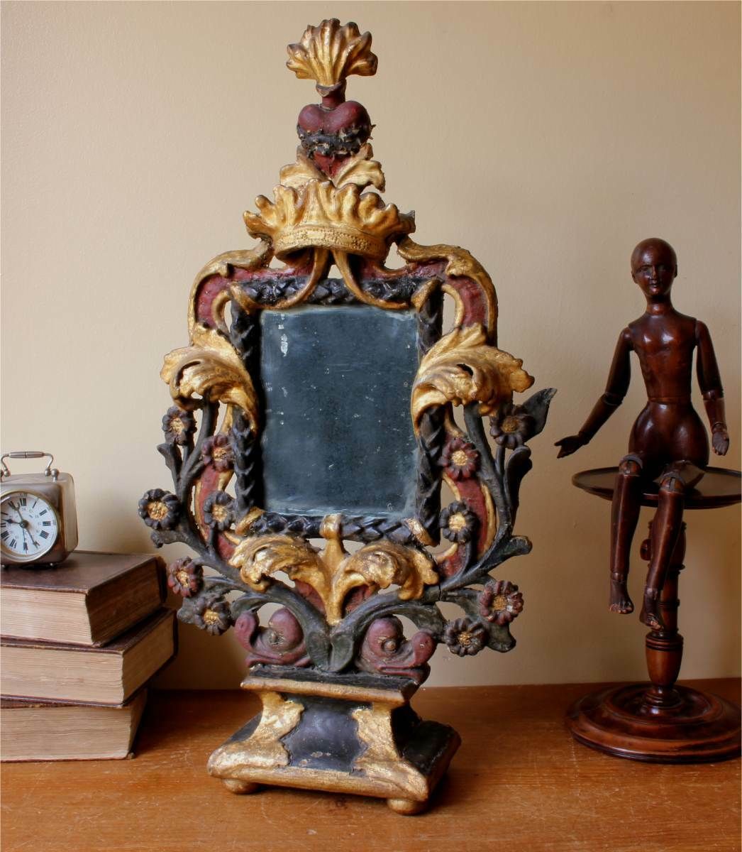 Italian Reliquary Mirror. Religious Sacred Flaming Heart Mirror. C1800. photo furniture