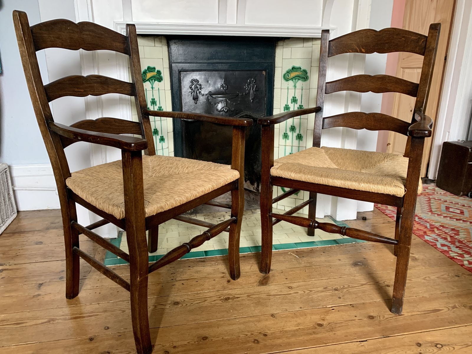 Two 19th Century Oak Ladder Back Farmhouse Carver Chairs photo Furniture
