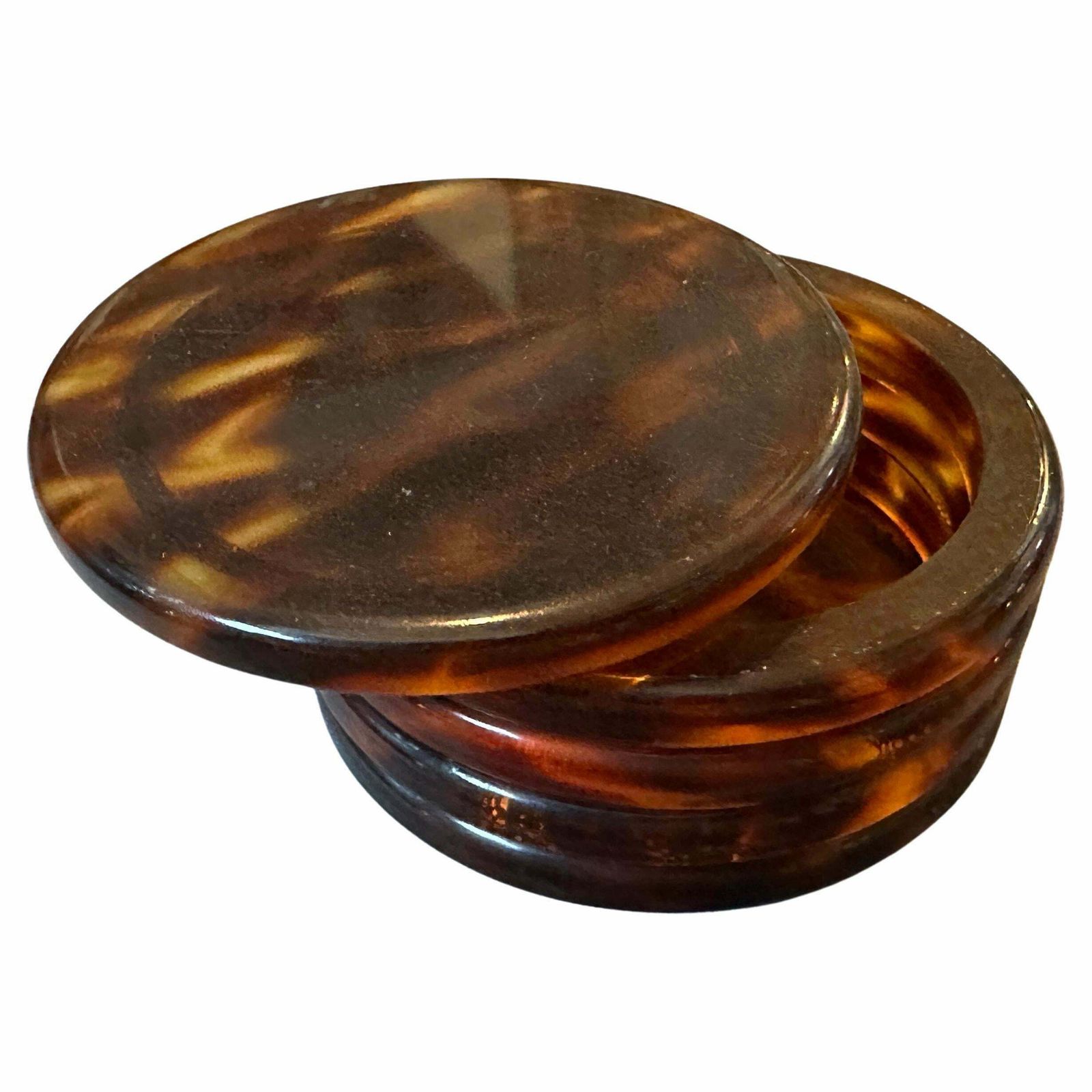 1970s Mid Century Modern Fake Tortoise Shell Lucite Round Jewelry Box