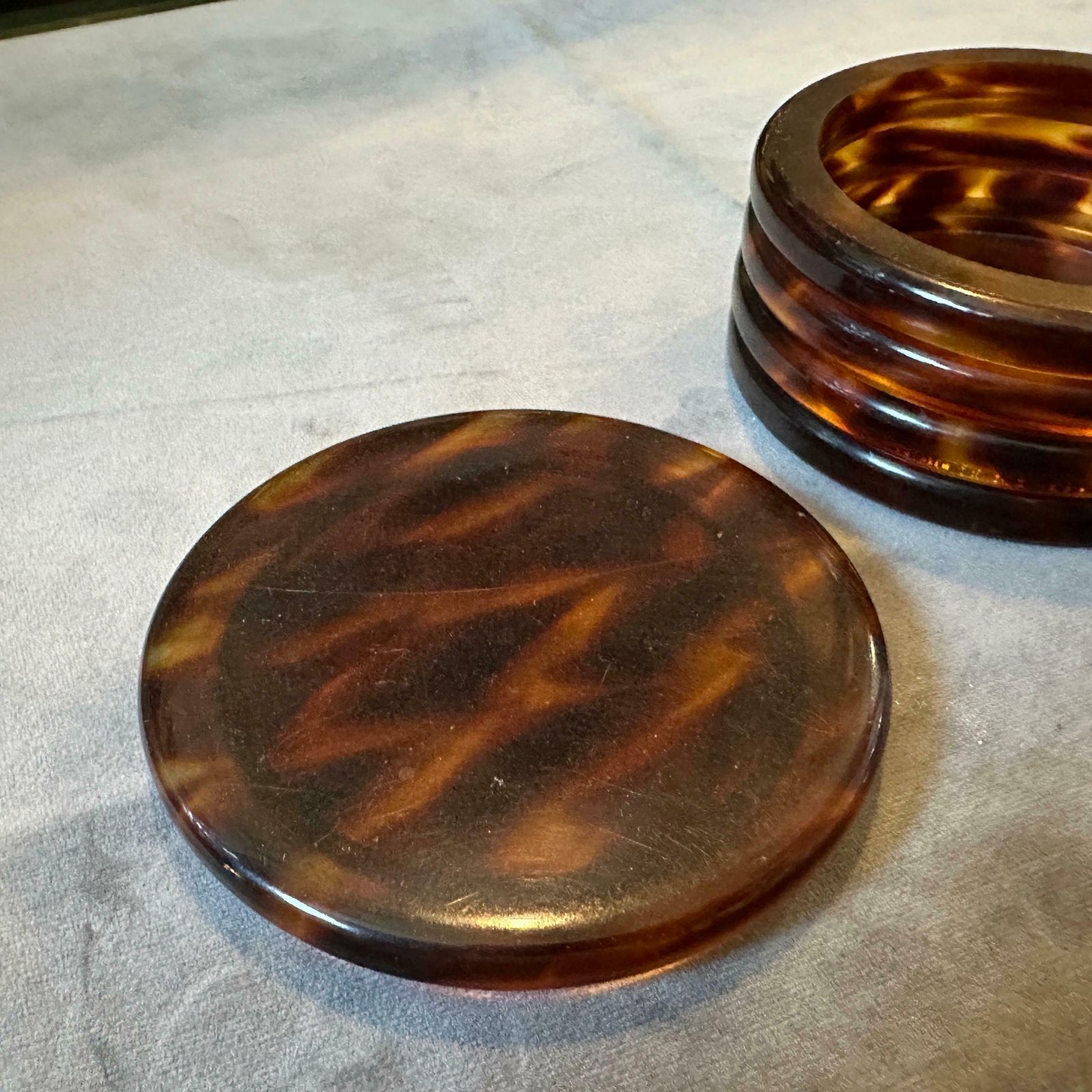 1970s Mid Century Modern Fake Tortoise Shell Lucite Round Jewelry Box photo buy