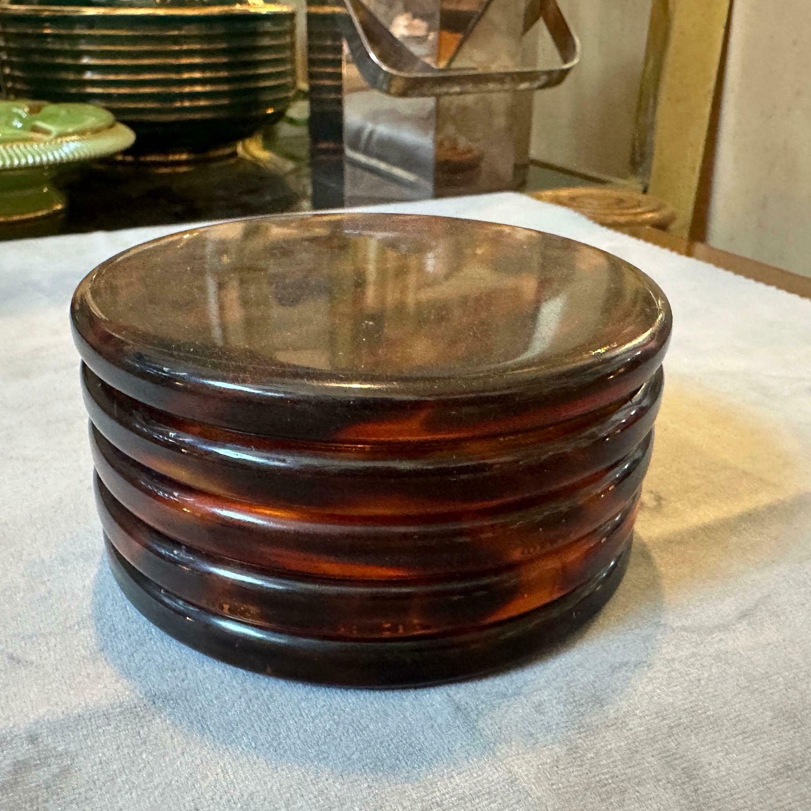 photo for sale 1970s Mid Century Modern Fake Tortoise Shell Lucite Round Jewelry Box