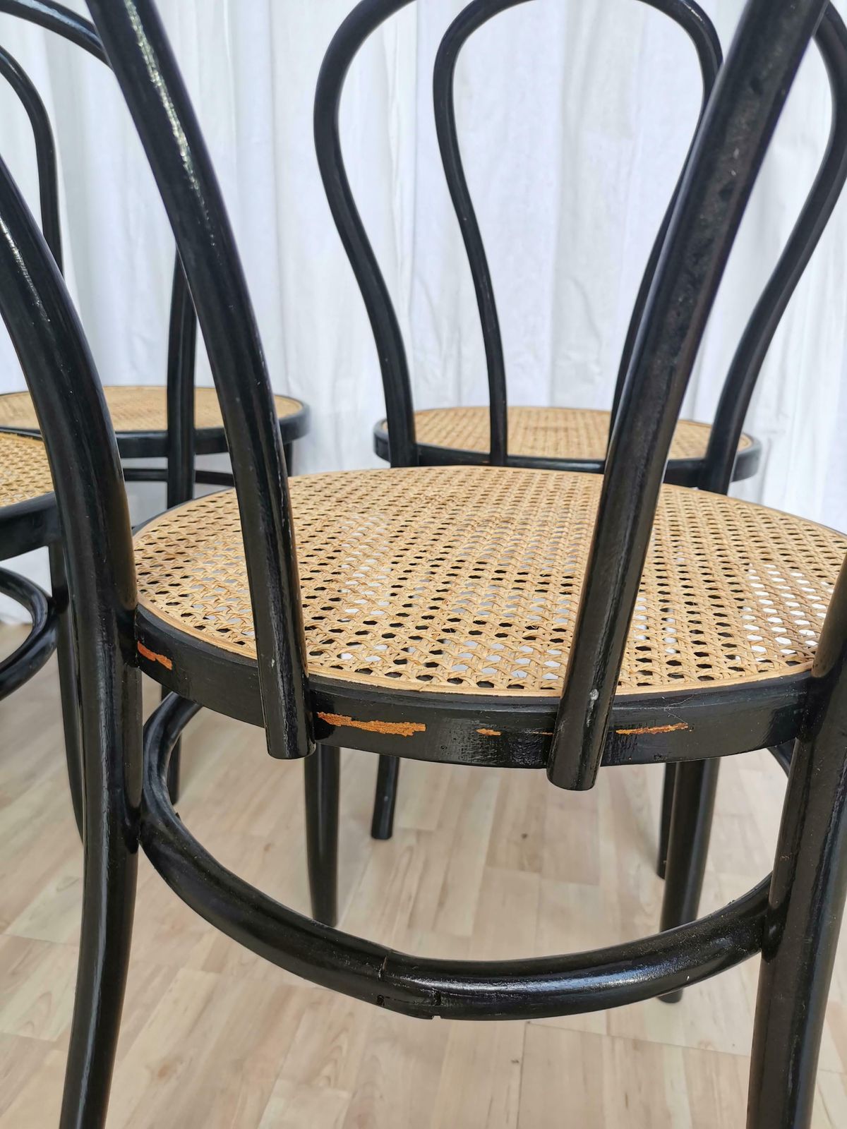 Set Of 6 Vintage Dining Chairs In Thonet Sytle / Wooden Black Dine Chairs With Round Cane Seat / Mid Century Bentwood Bistro Bar Pub Chairs photo vintage