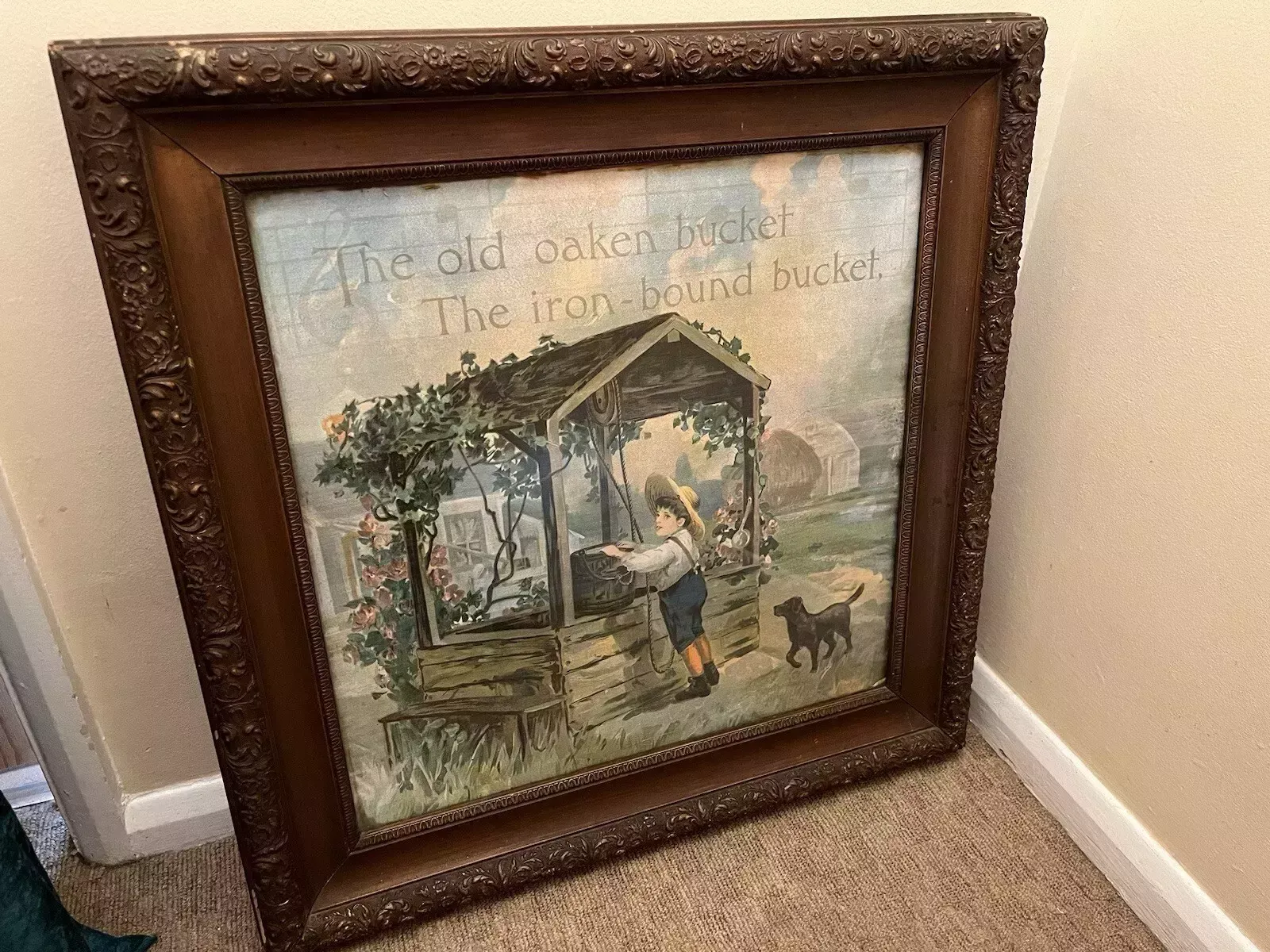 Stunning Original Antique Chromolithograph Print The Old Oaken Bucket Circa 1900