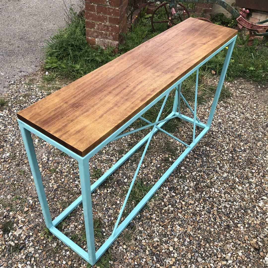 Contemporary Steel And Wood Console With Pale Blue Frame photo vinterior