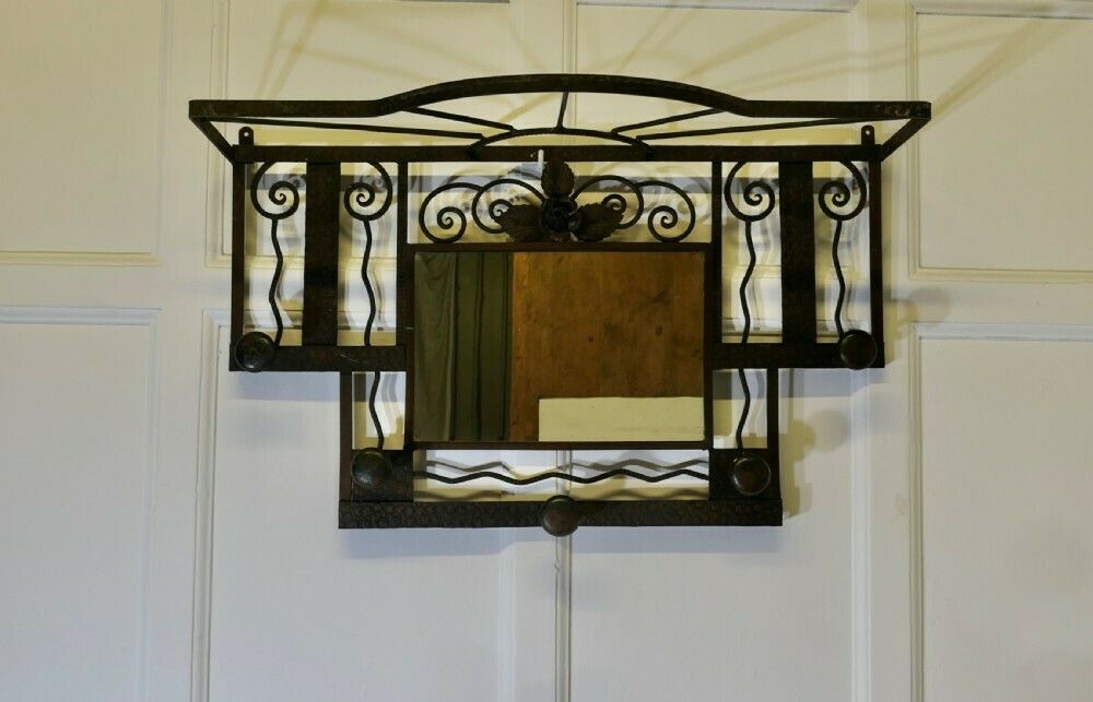 French Art Deco Iron Hat And Coat Rack With Shelf & Mirror, Industrial Style