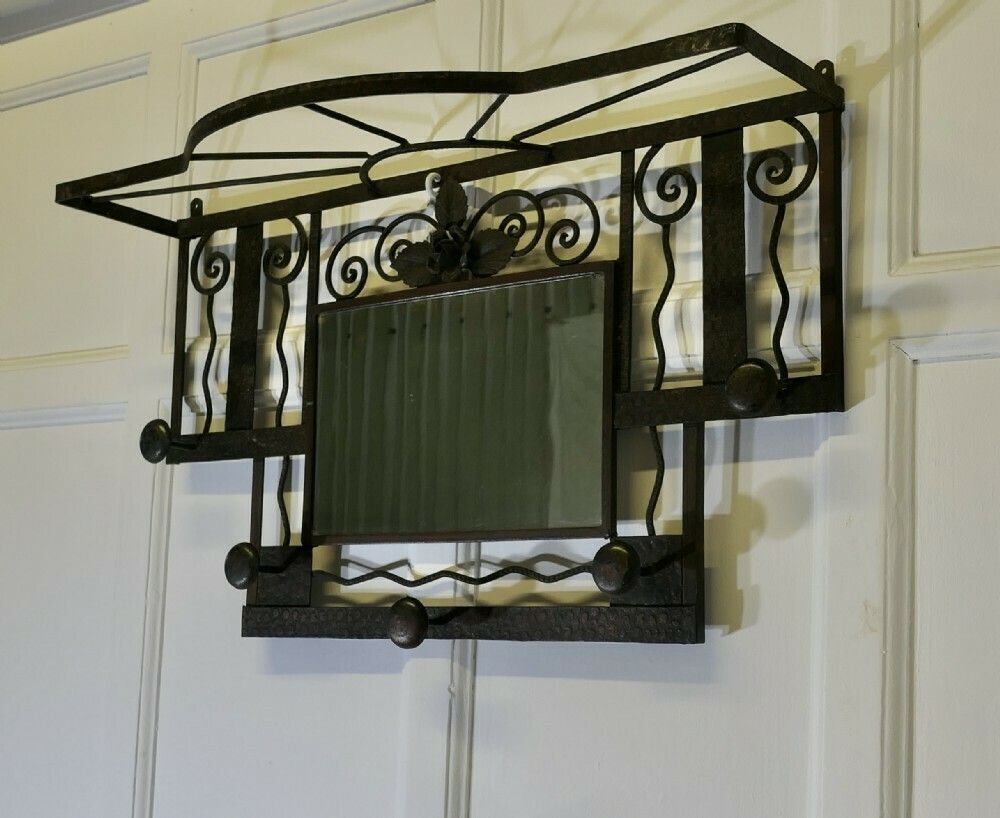 French Art Deco Iron Hat And Coat Rack With Shelf & Mirror, Industrial Style photo 780.0