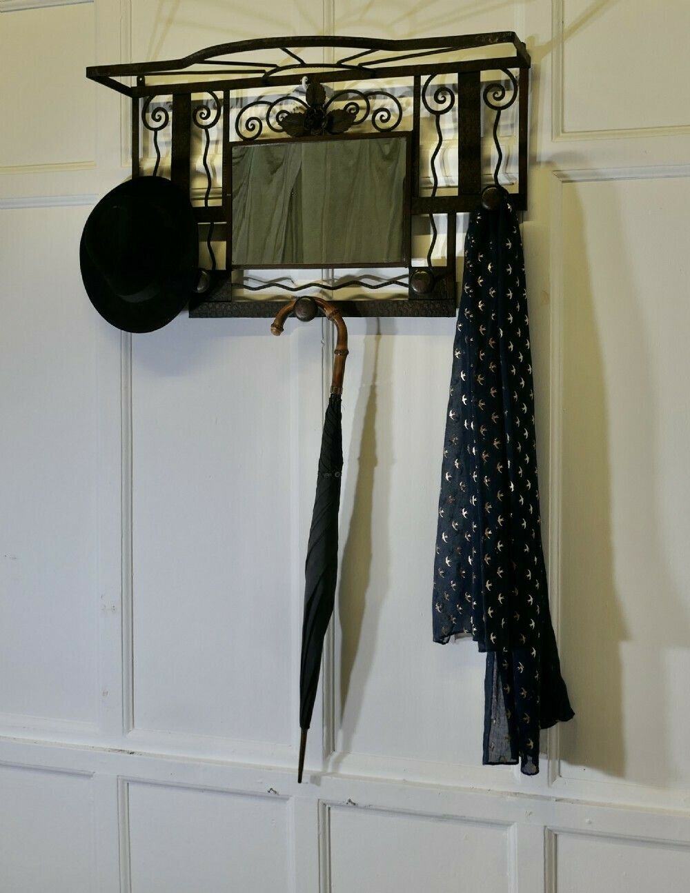 French Art Deco Iron Hat And Coat Rack With Shelf & Mirror, Industrial Style photo buy