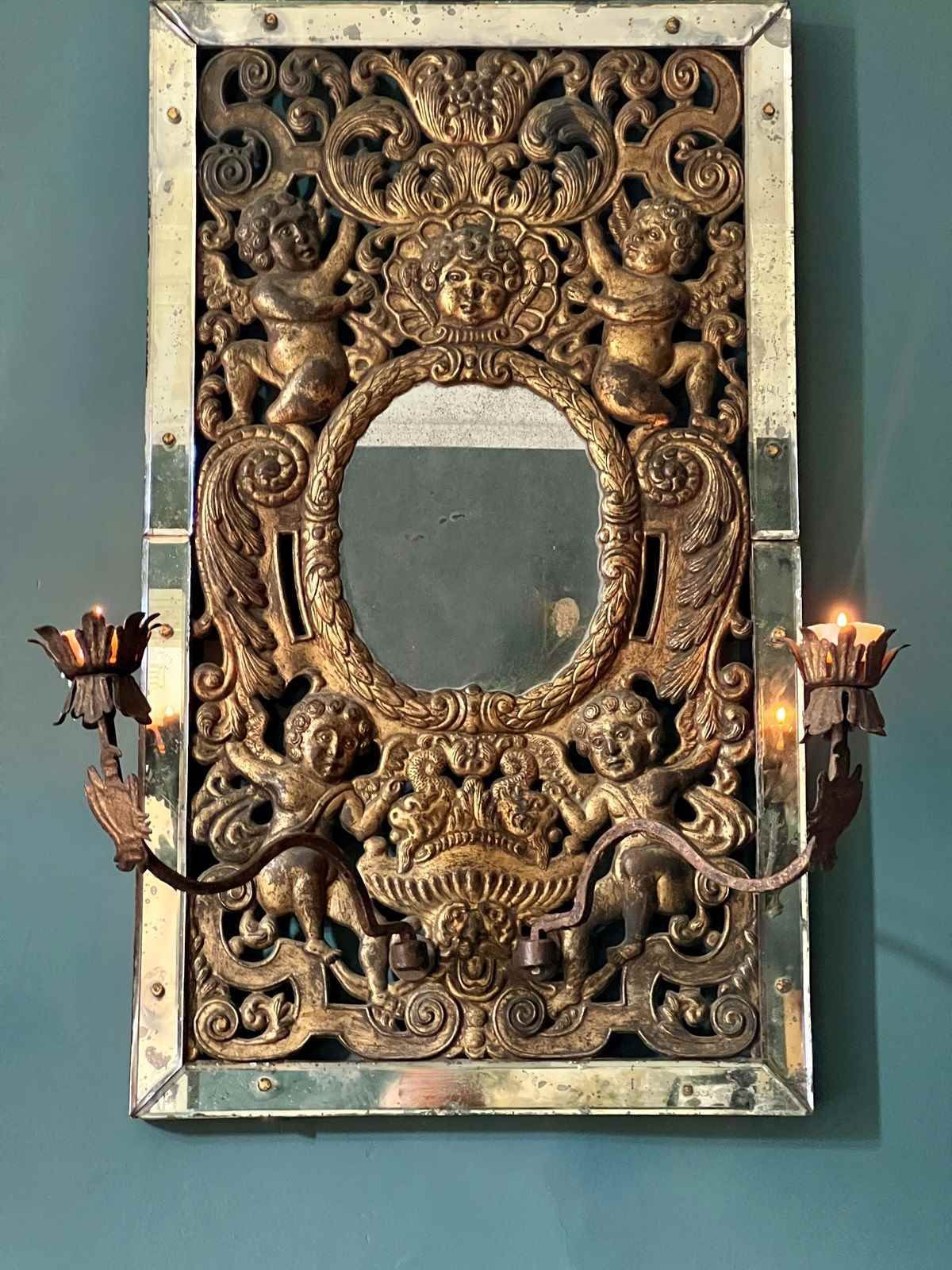 Rare Antique Venetian Girandole Mirror With Putti & Laurel Leaf Frame photo furniture
