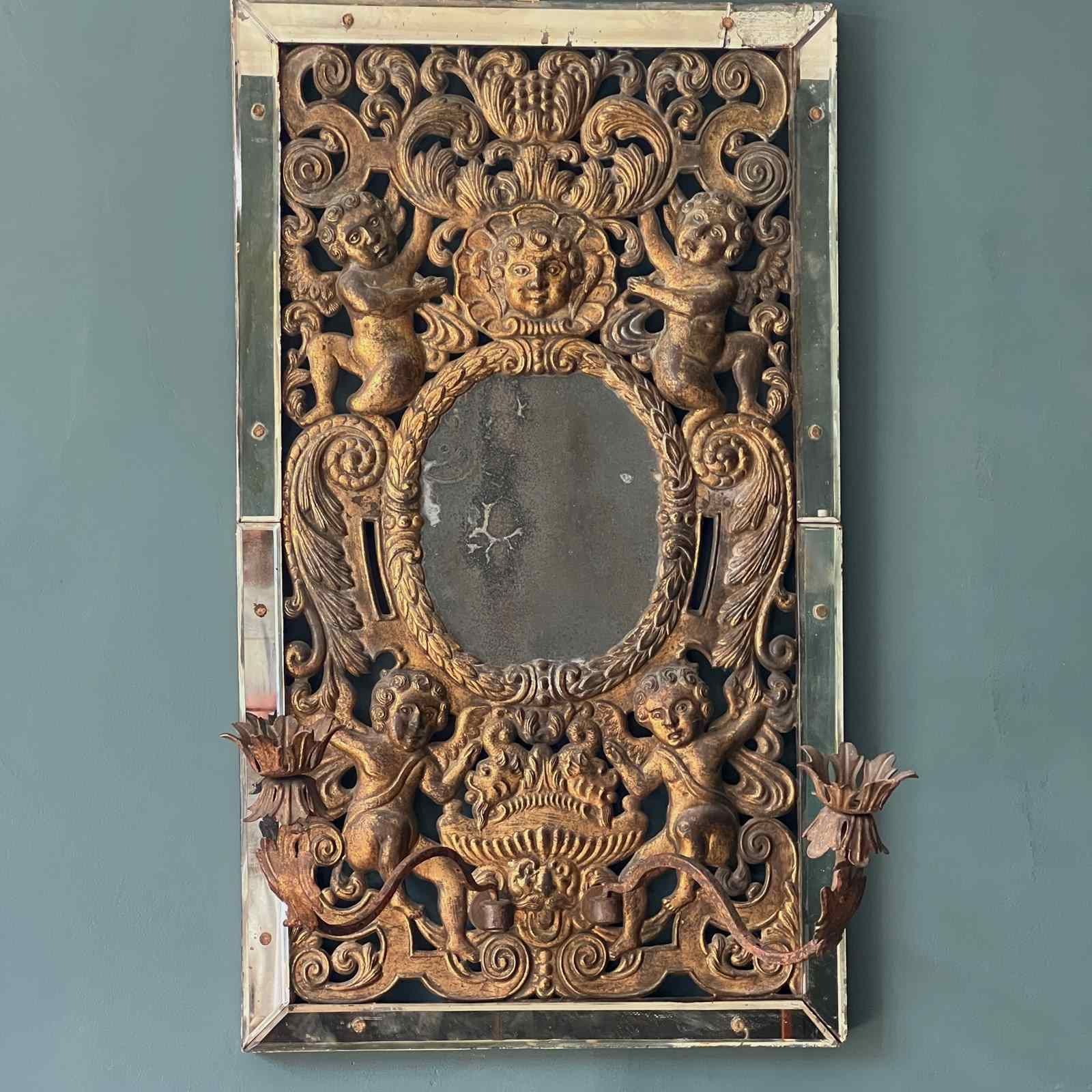 photo furniture Rare Antique Venetian Girandole Mirror With Putti & Laurel Leaf Frame