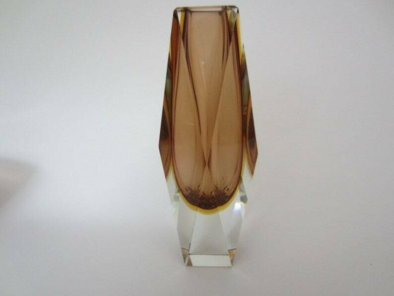 Space Age Mid Century Chocolate And Gold Sommerso Art Glass Faceted Prism Vase photo 146.0